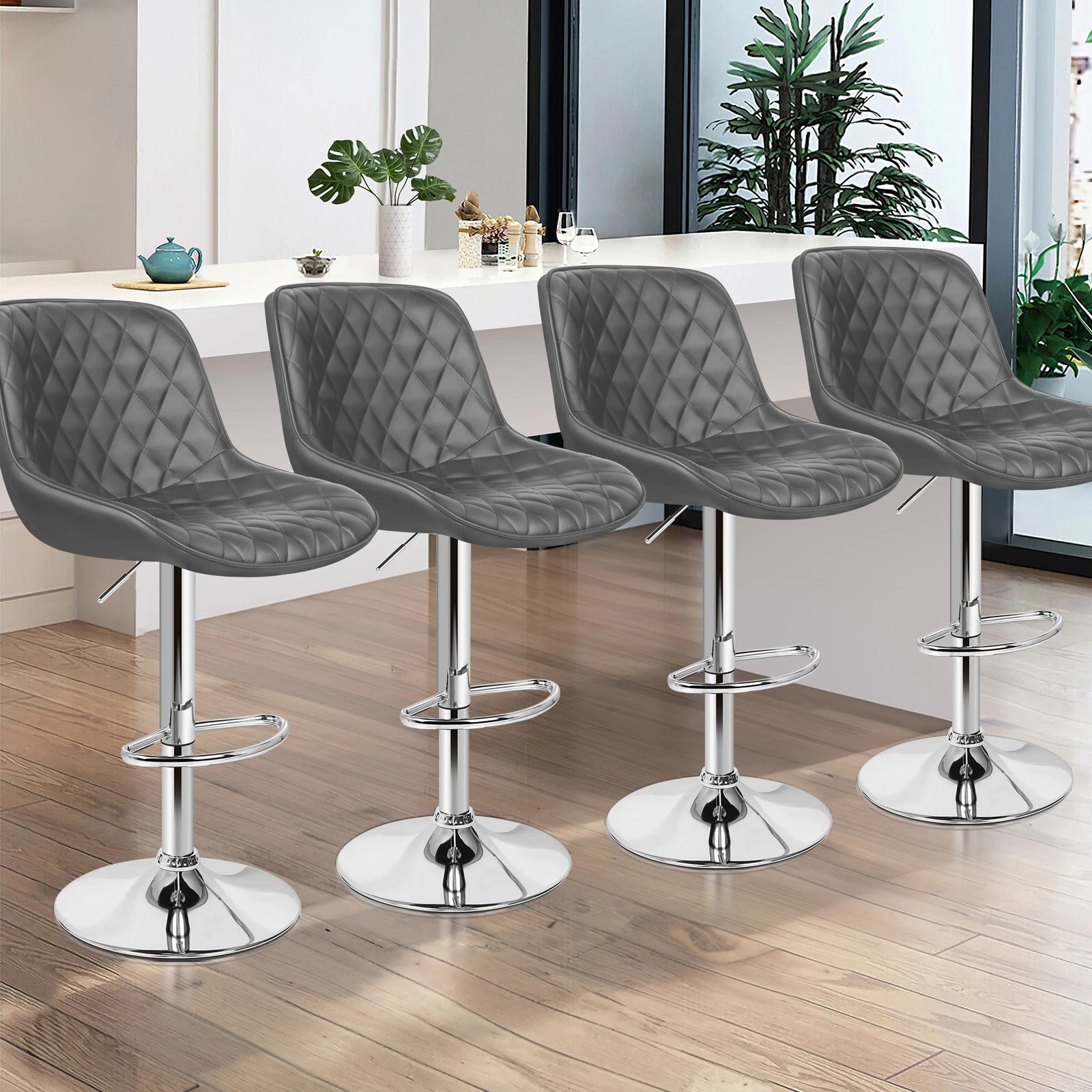 2 Alfordson 4x Bar Stools Gas Lift Leather Bar Chairs Kitchen Swivel - Grey, 2 of 10