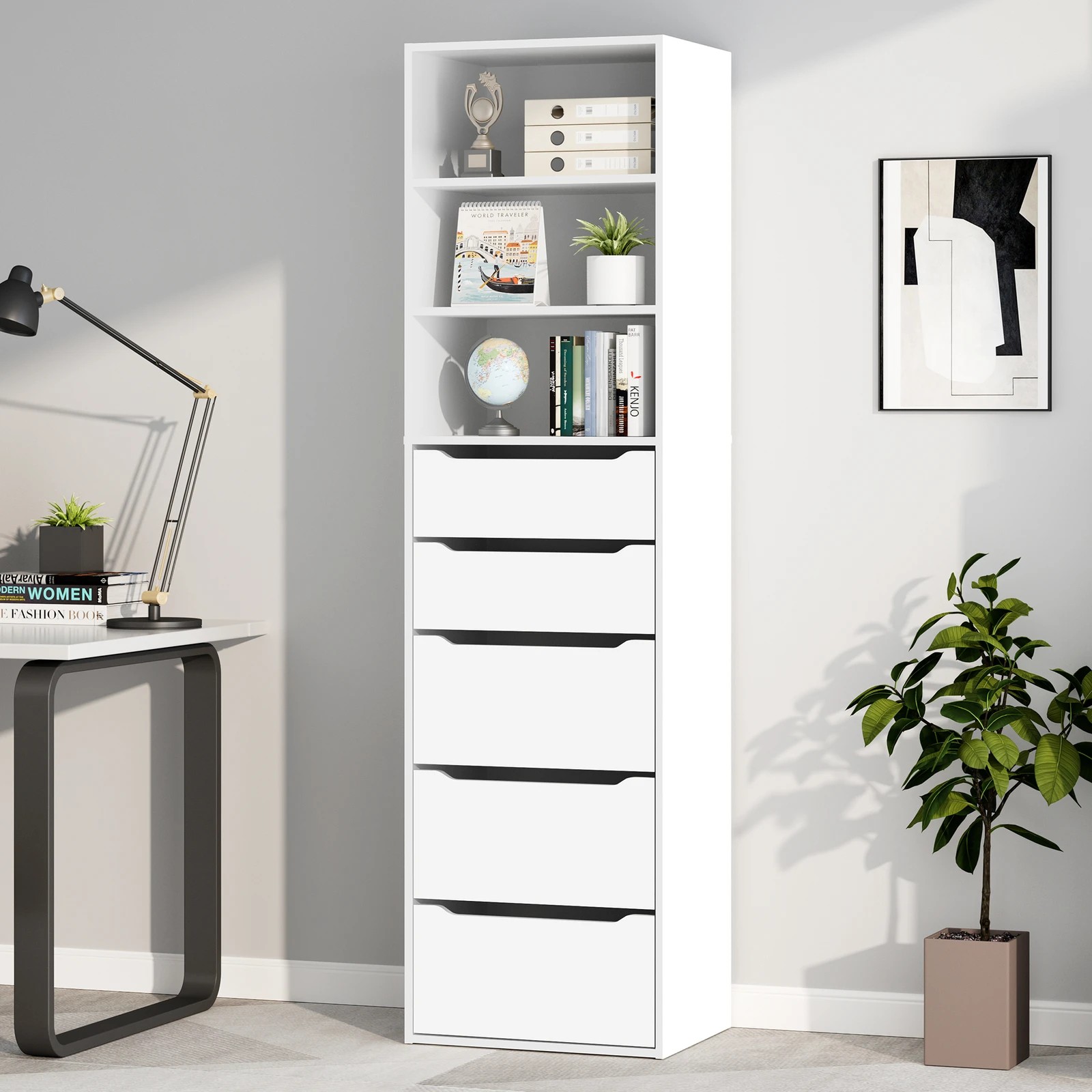 10 Alfordson Chest of 5 Drawers Office Storage Cabinet Tallboy Bedroom - White, 10 of 10
