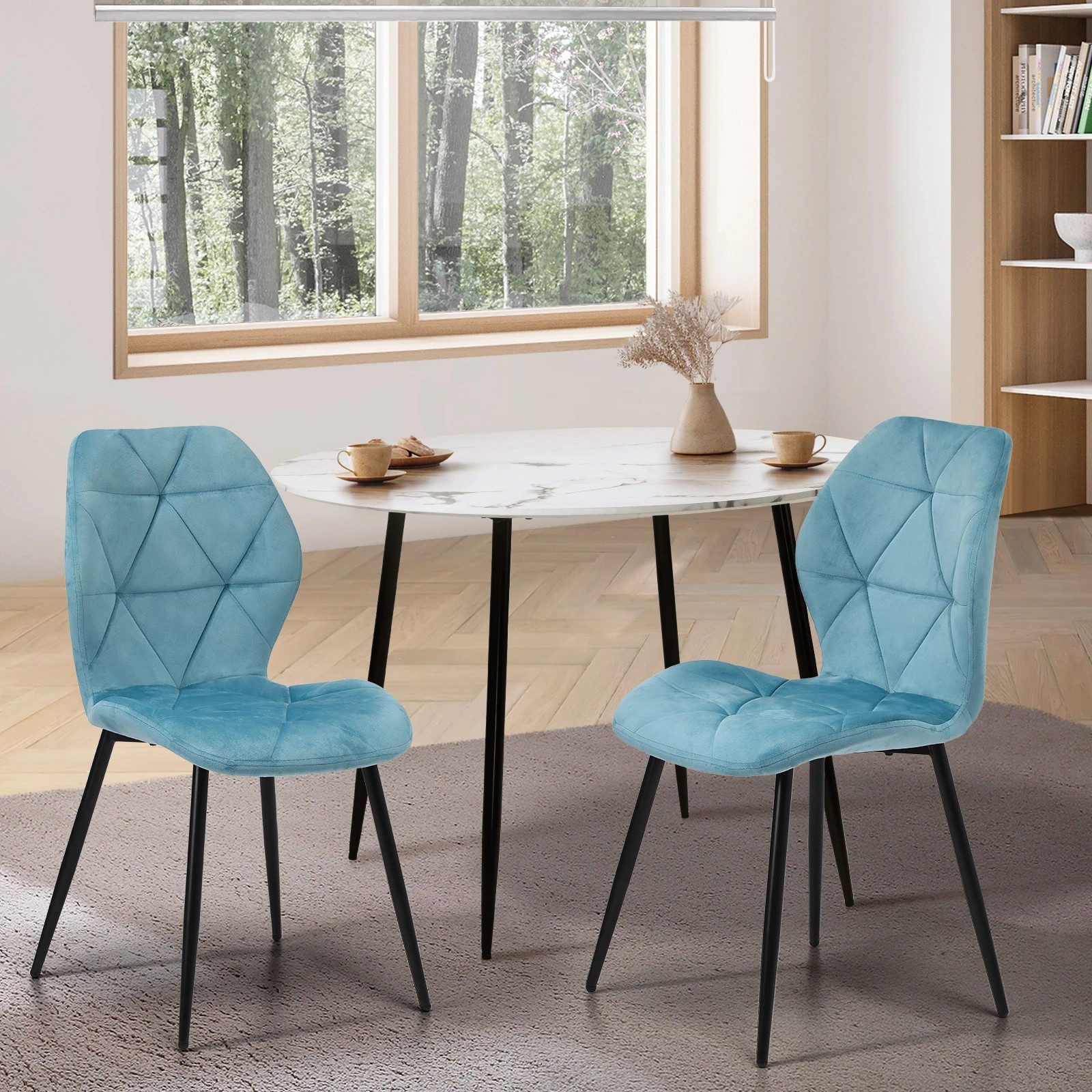 3 Oikiture Set of 2 Dining Chairs Kitchen Chair Padded Seat High Back Velvet - Blue, 3 of 7