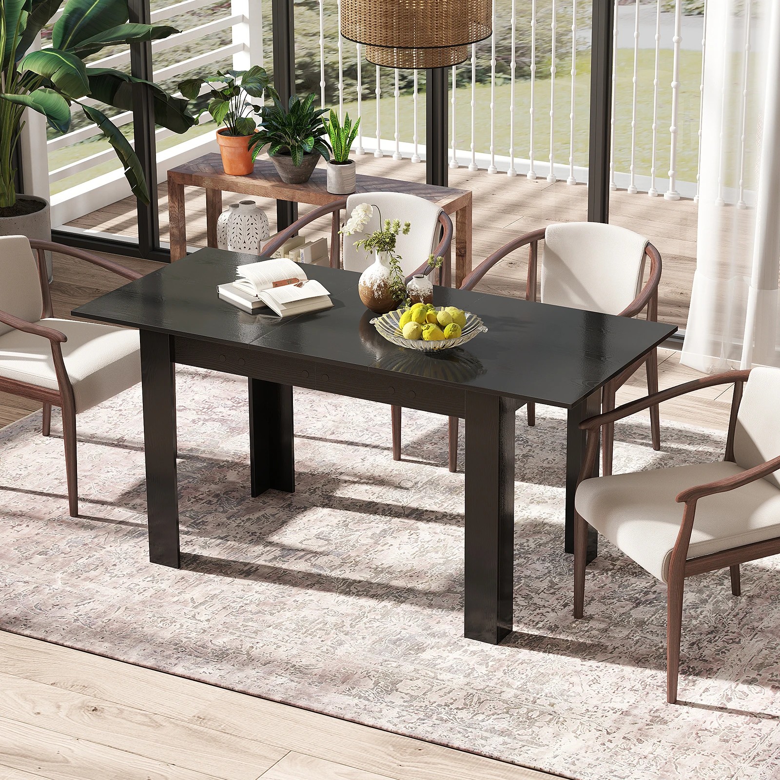 1 Costway 158cm Extendable Dining Table 4-6 People Kitchen Counter Table w/Adjustable Tabletop - Black
