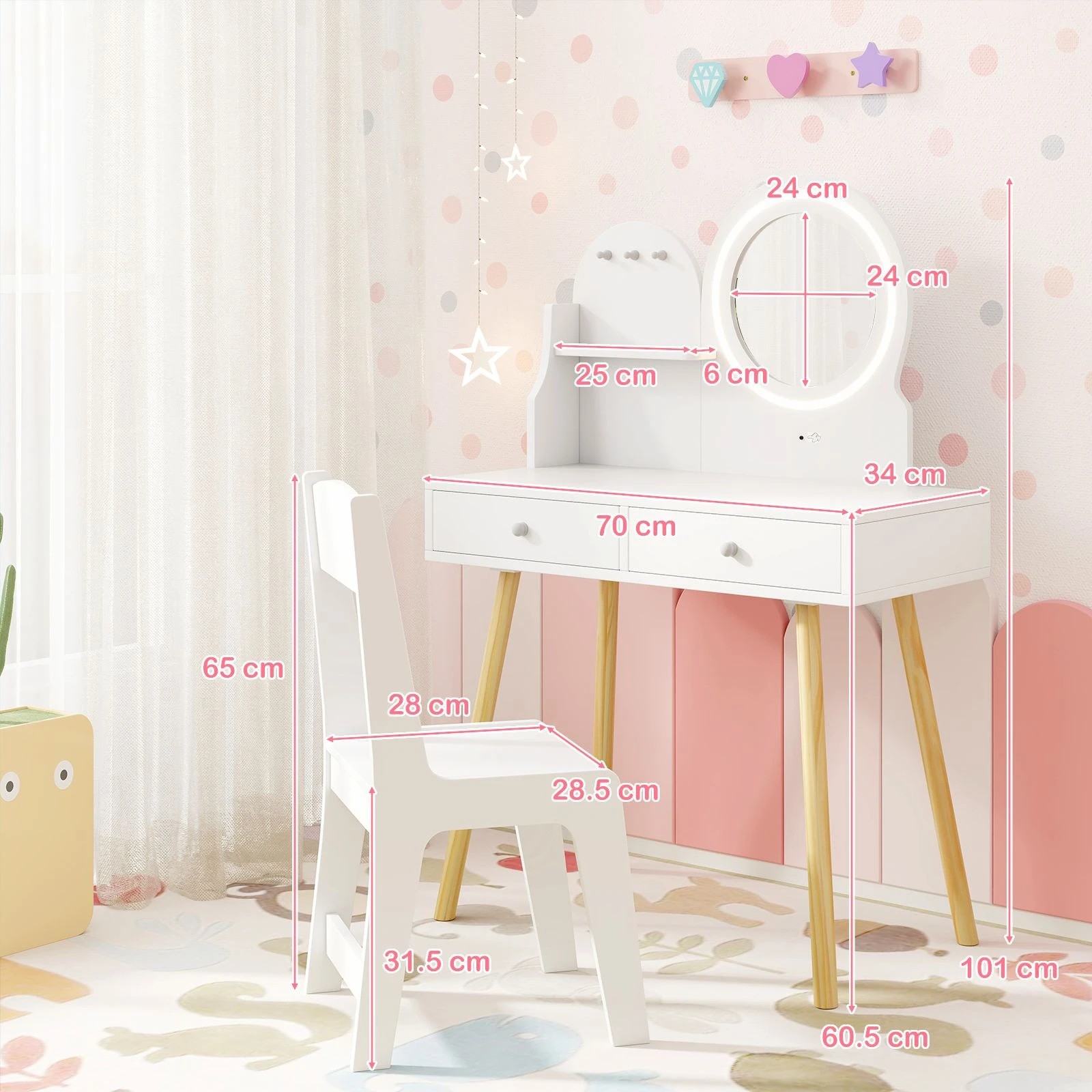 2 Costway 3-Hook Princess Dressing Table Chair w/Drawers, 2 of 3