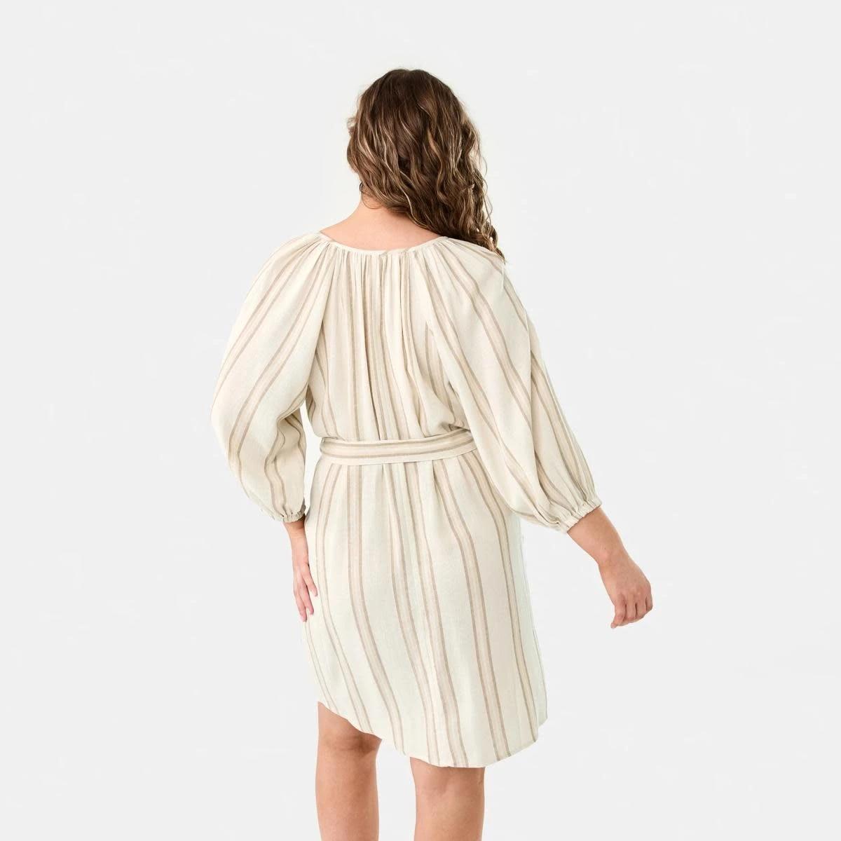 4 Elbow Sleeve Linen Blend Mini Dress STRIPE NATURAL BEIGE, 4 of 9