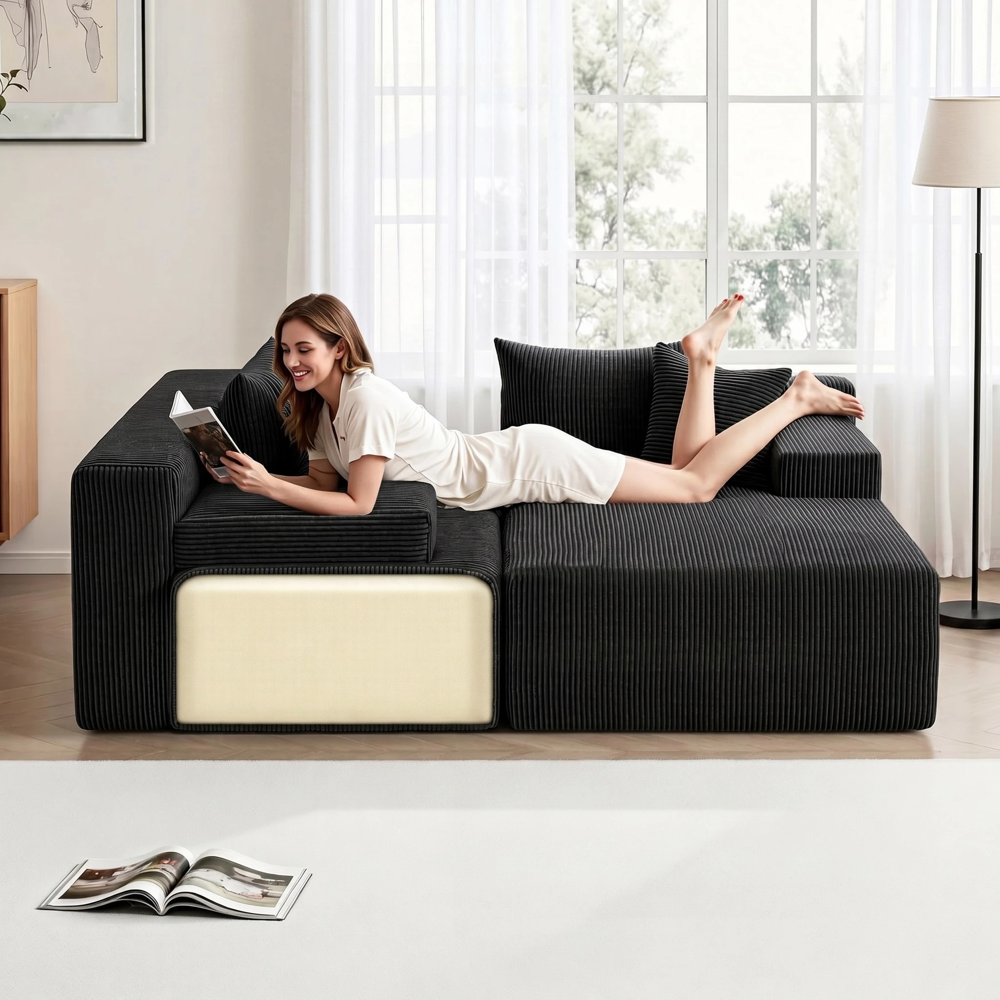 6 Artiss Modular Sectional Sofa Bed Convertible L-Shaped Couch with Deep Seat for - Black, 6 of 10