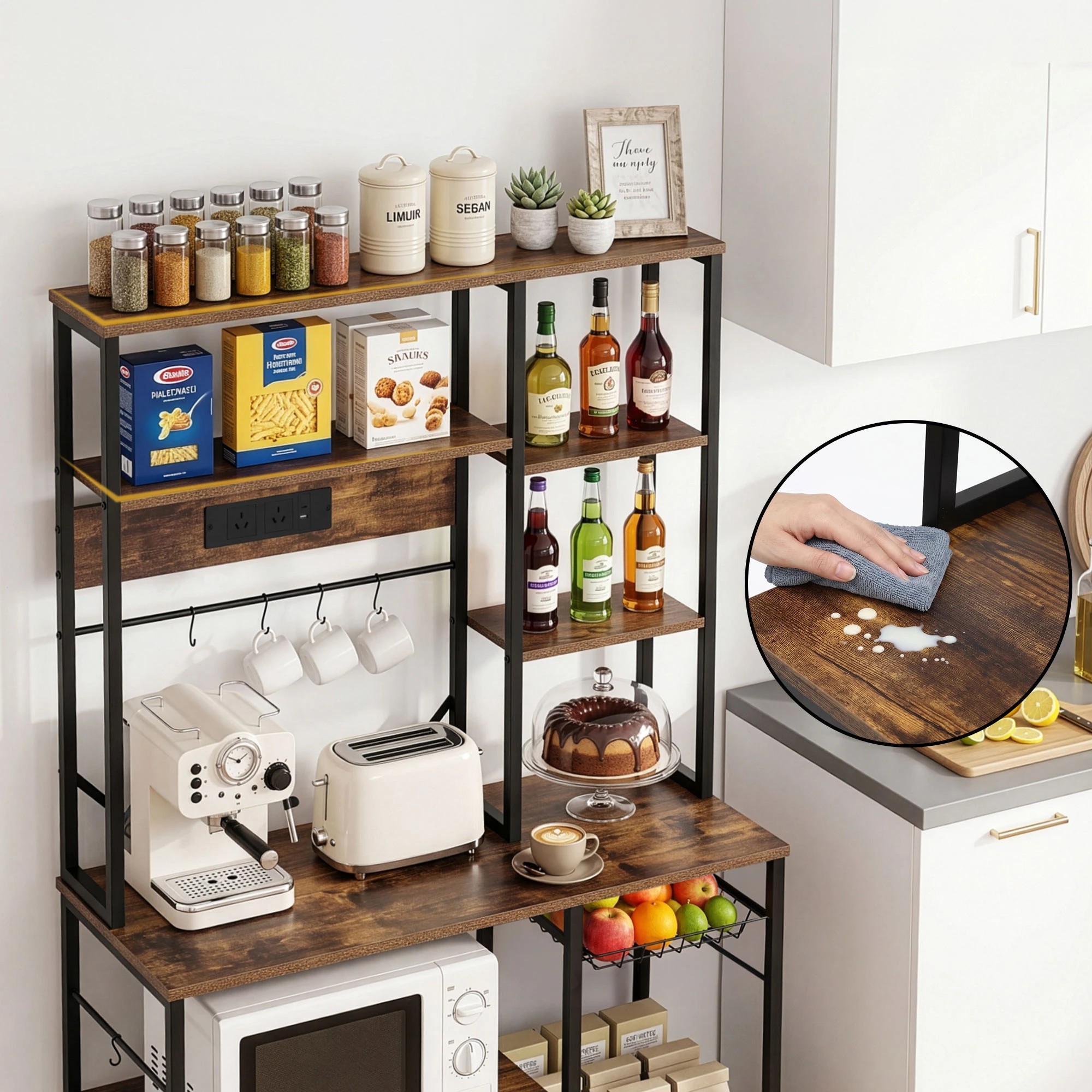 7 Artiss Kitchen Rack with Power Outlets Hooks Pull Out Basket 96CMX170CM Microwave Storage Shelf - Brown, 7 of 10