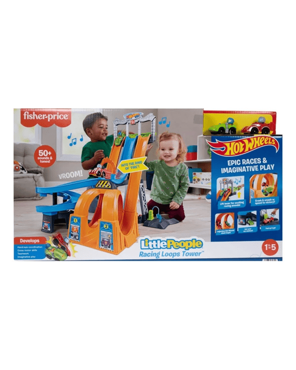 Fisher-Price Hot Wheels Little People Racing Loops Tower Toddler Vehicle Playset