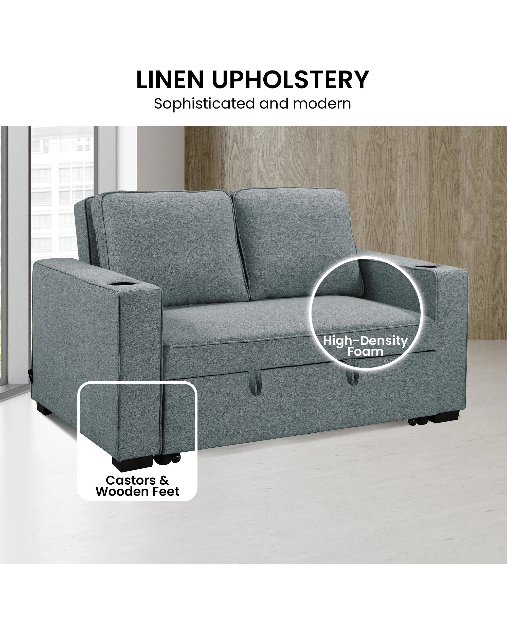 7 Sarantino Hoffman Linen Sofa Bed With Cushions And Cup Holders Airforce Blue, 7 of 10