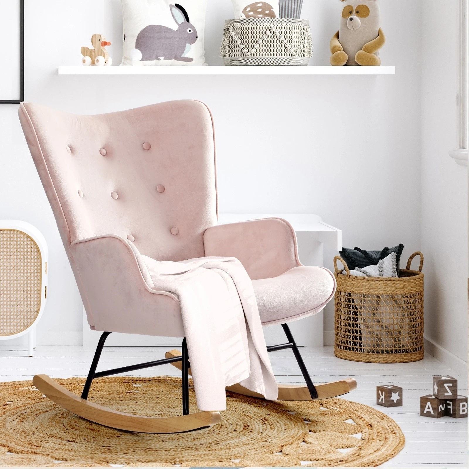 3 Oikiture Rocking Chair Nursing Armchair Velvet Accent Chairs Upholstered
 - Pink, 3 of 10
