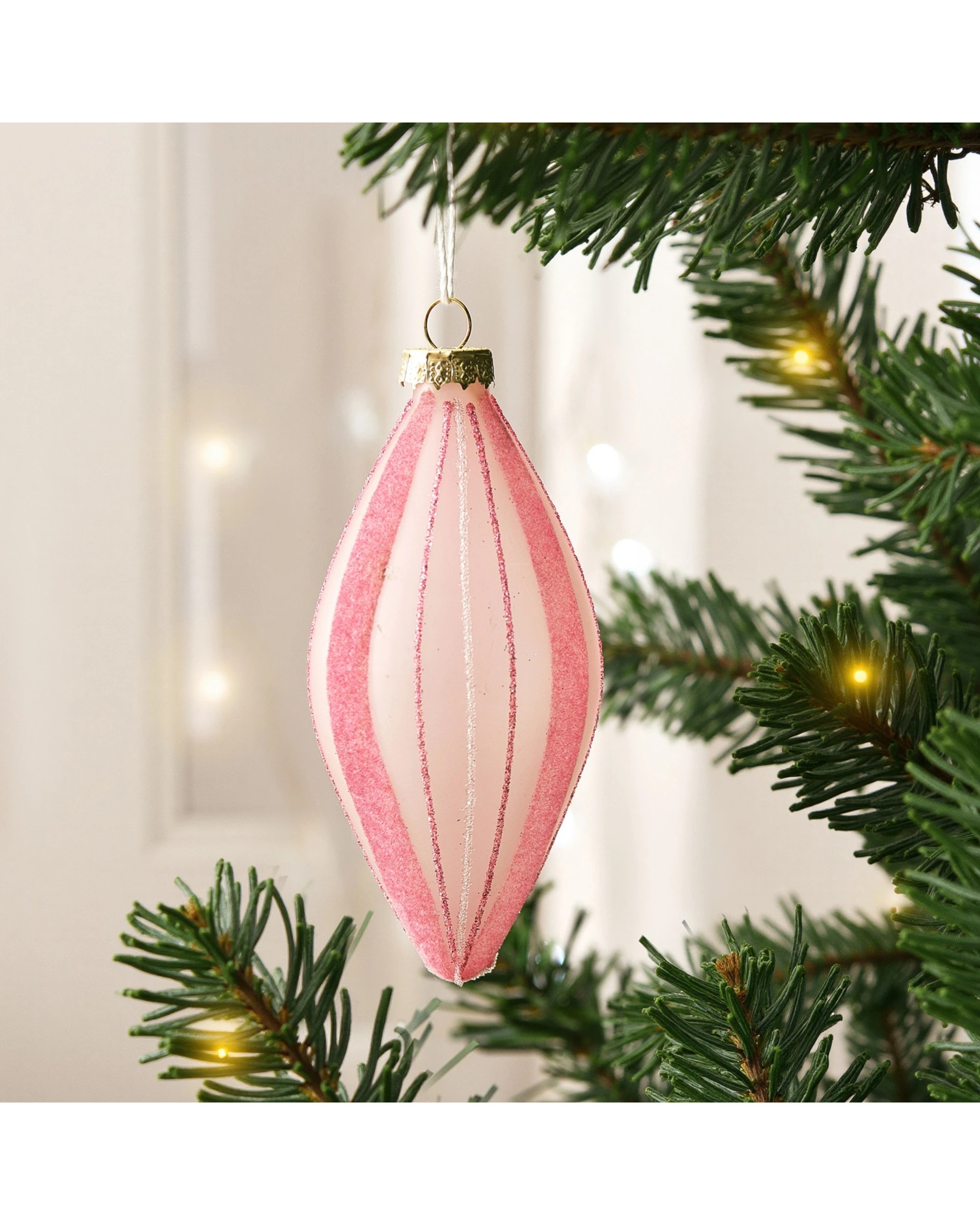 3 Sherwood Christmas Glitter Stripe Frosted Glass Mixed Shape Baubles (6 Pack) - Blush, 3 of 5