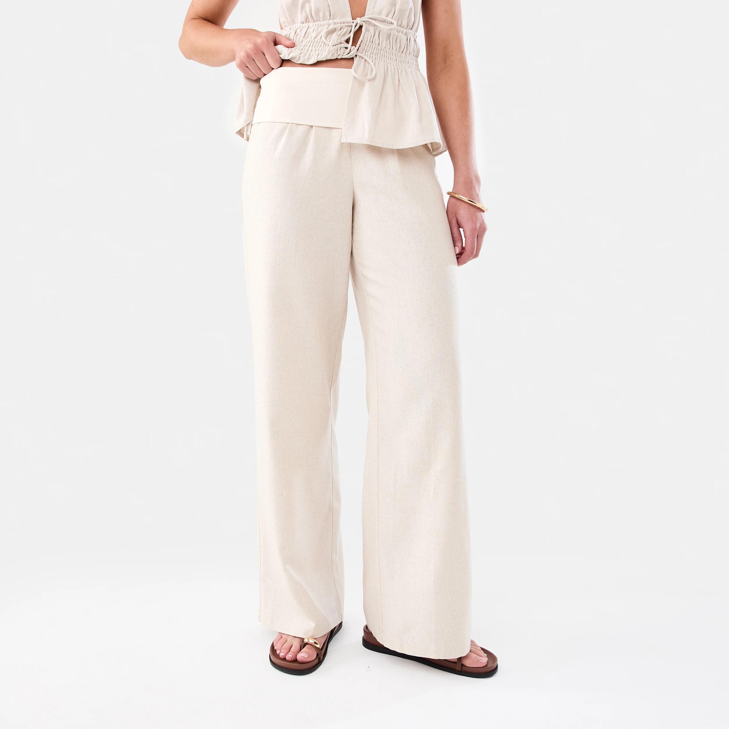6 Linen Blend Fold Over Pants Natural, 6 of 6