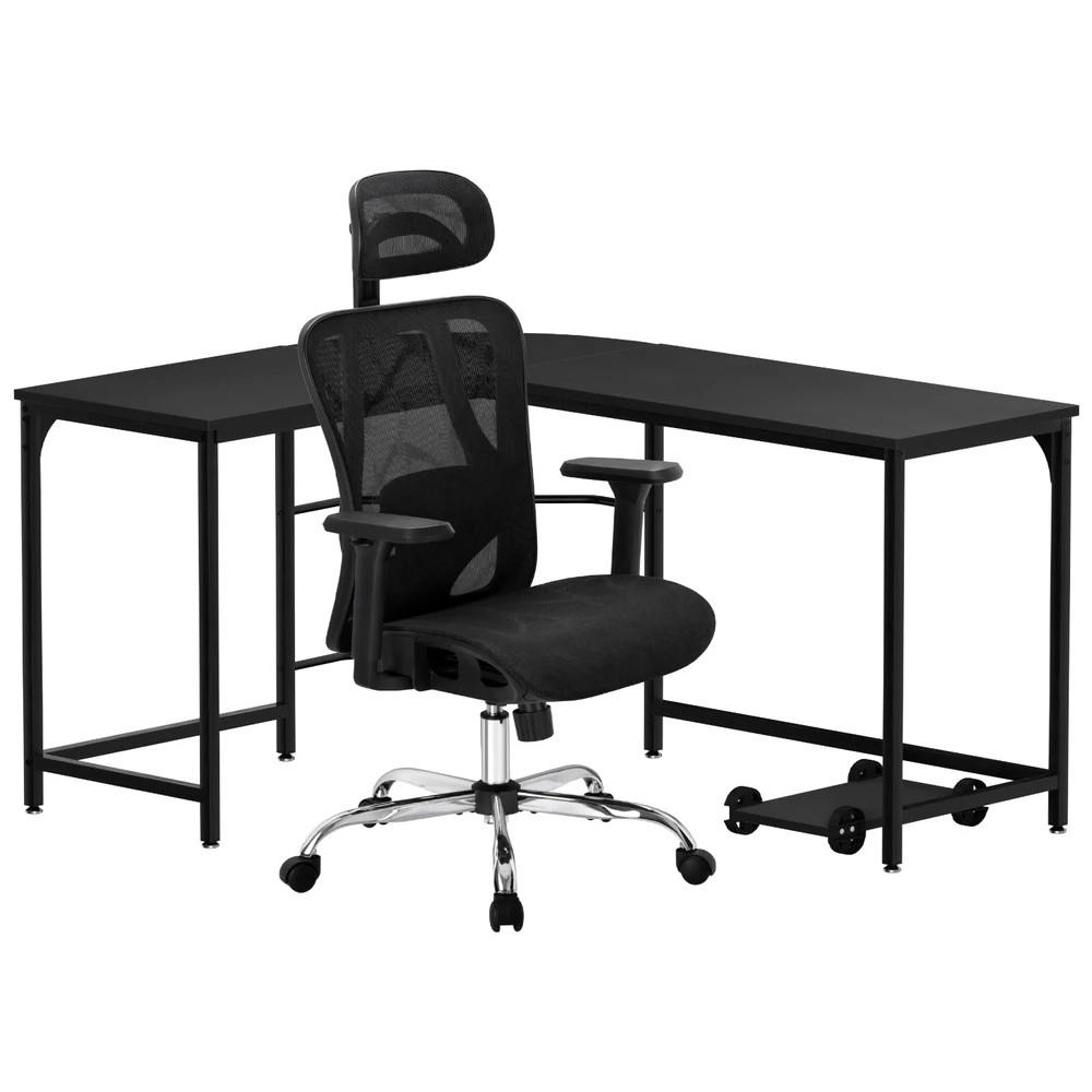 1 Artiss Computer Desk L-Shape Corner Desks Ergonomic Office Chair Mesh Chairs - Black, 1 of 6