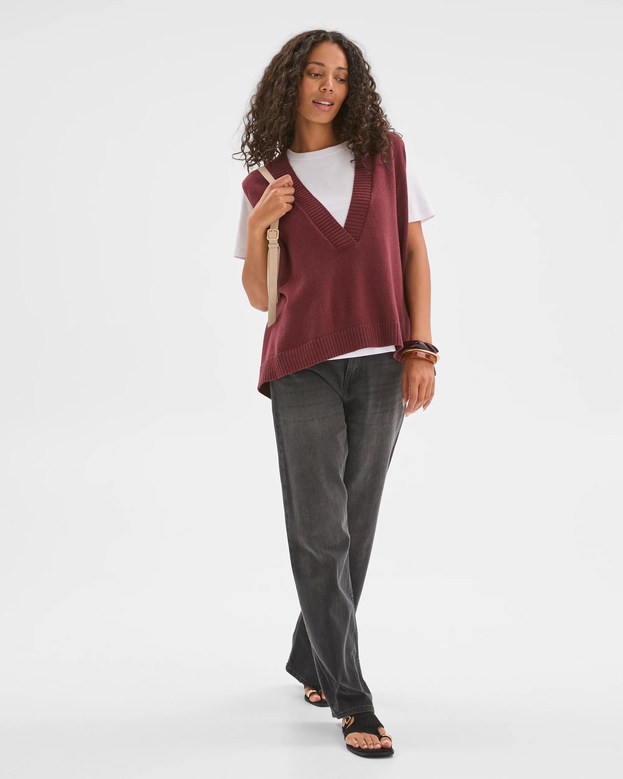 2 Target Woman Australian Cotton Blend Deep V-Neck Oversized Knit Vest BURGUNDY, 2 of 7