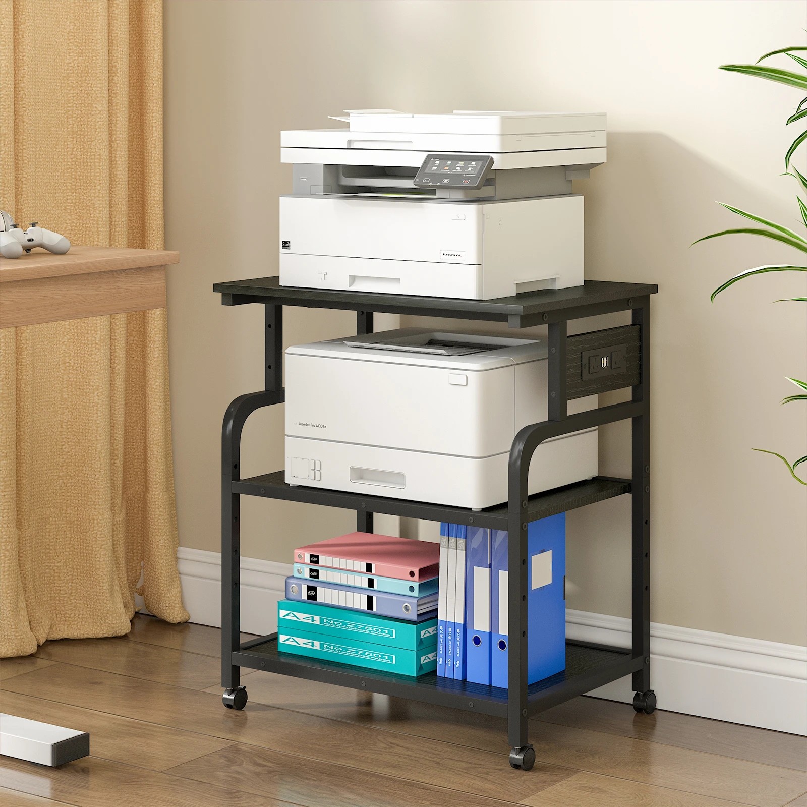 2 Advwin Large Mobile Printer Stand with Charging Station and Height Adjustable shelfs - Black, 2 of 7