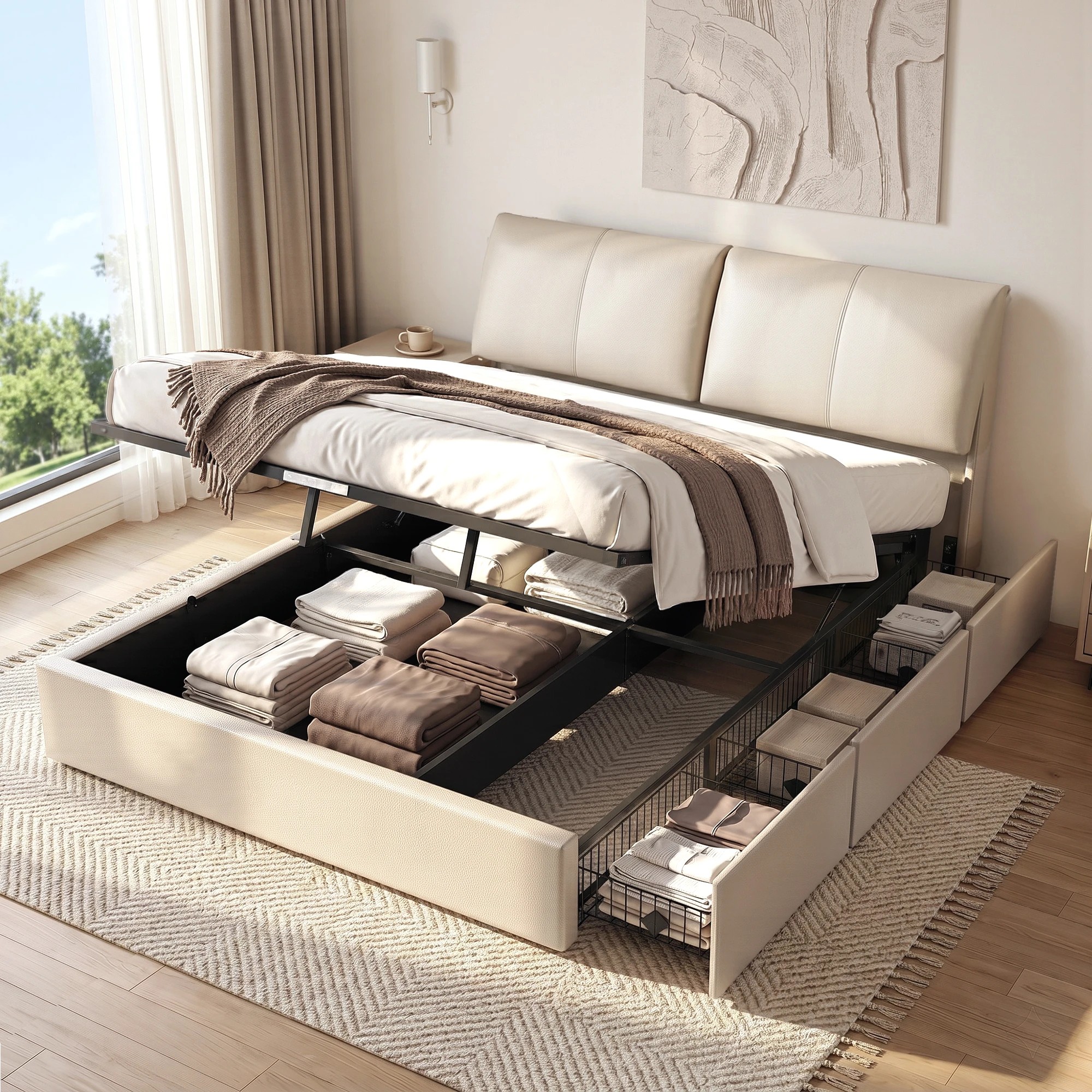 2 Artiss King Bed Frame Gas Lift Storage 3 Drawers Adjustable Headboard Platform Base - Beige, 2 of 9