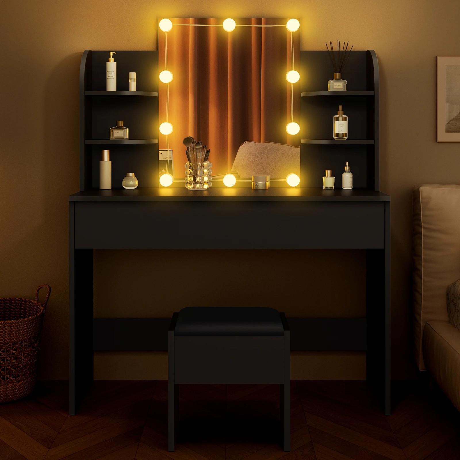 8 Alfordson Dressing Table Stool Set Makeup Mirror Desk LED 10 Bulbs - Black, 8 of 10