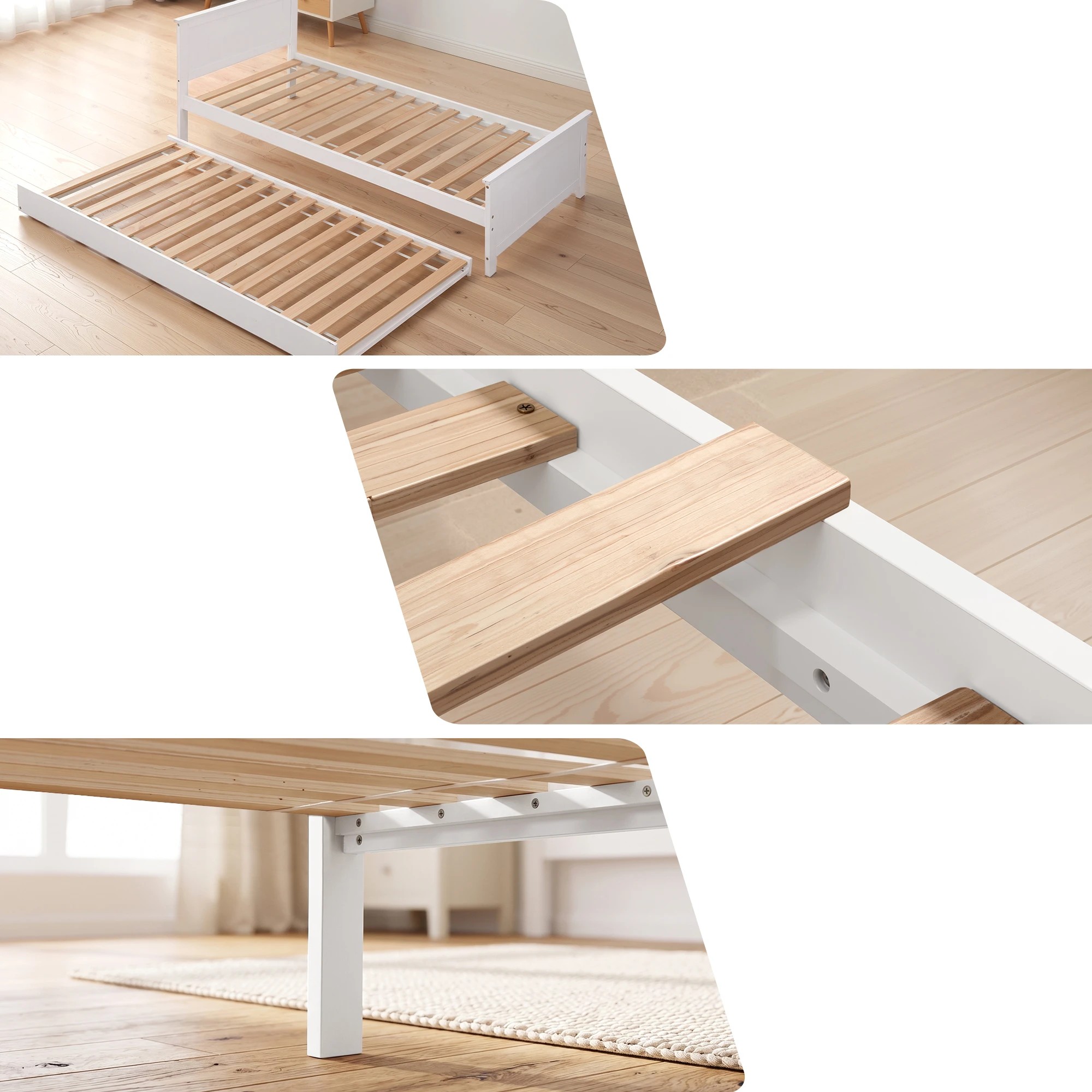 7 Artiss Single Bed Frame with Trundle Wood Toddler Bunk Bed with Headboard - White, 7 of 9
