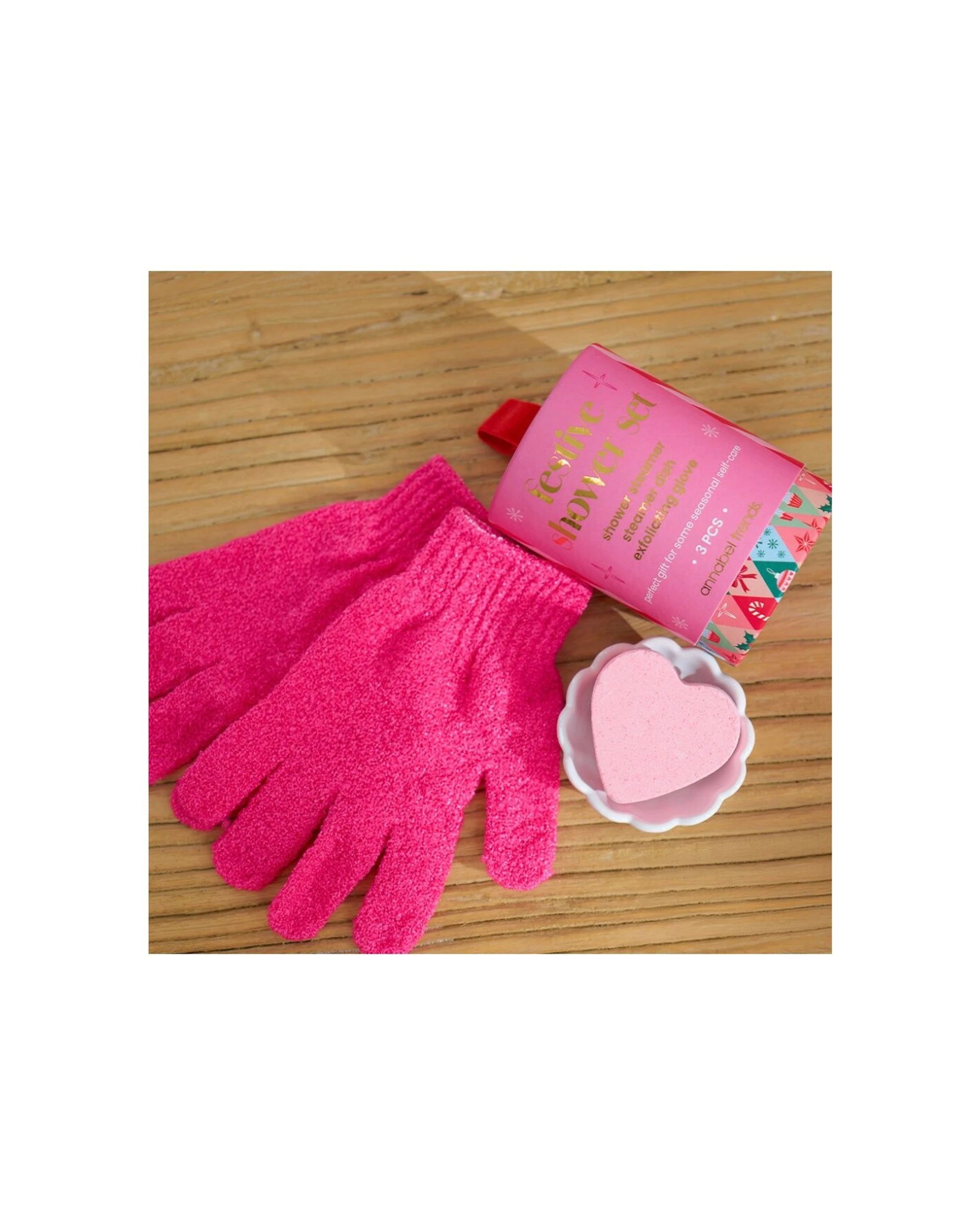 3 Annabel Trends 3pc Shower Bath Gift Set With Steamer Gloves Dish Festive - Pink, 3 of 7
