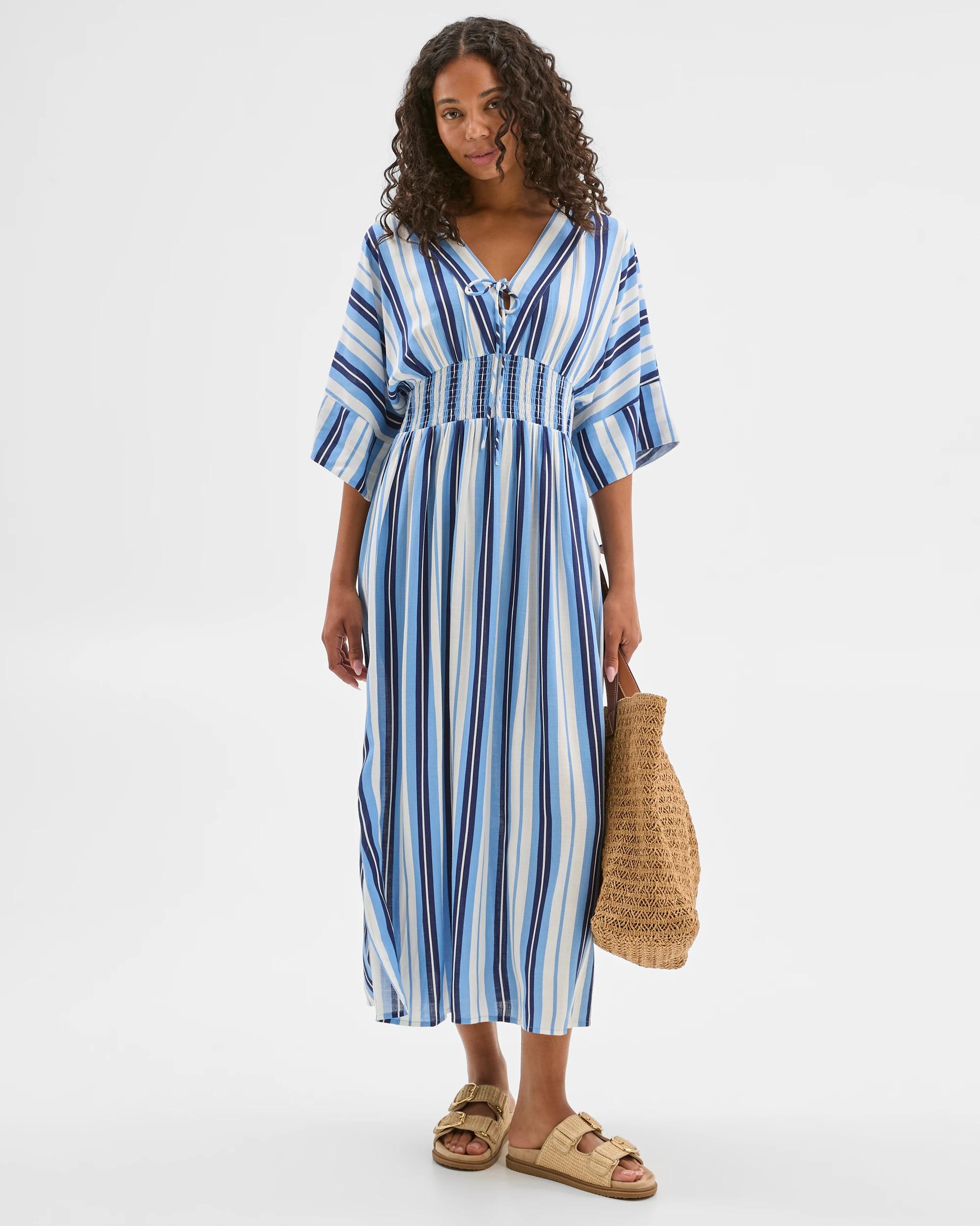 2 Target Resort Shirred Waist Kaftan BLUE LEAF STRIPE, 2 of 7