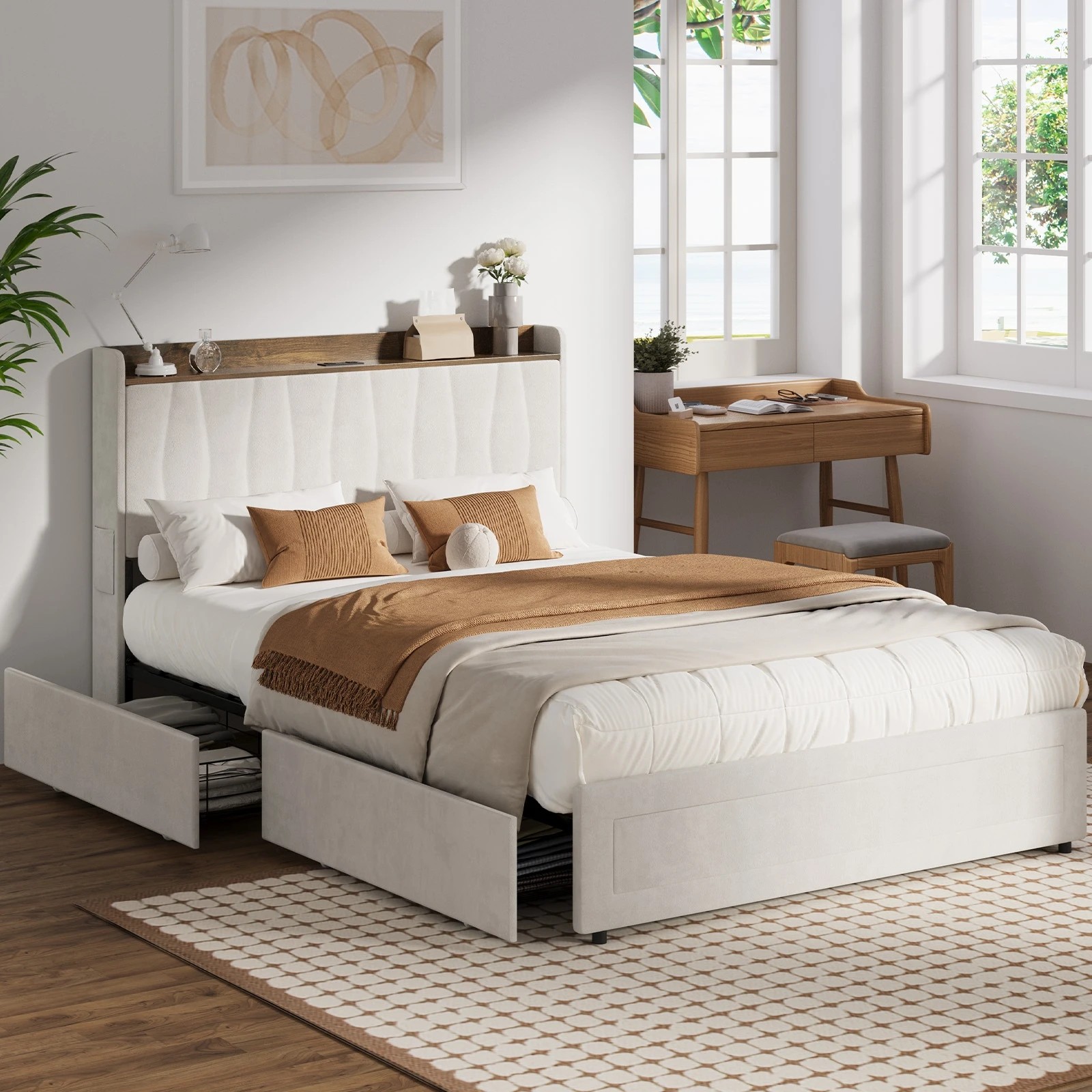 3 Oikiture Bed Frame Double Size with 4 Drawers Charging Station USB Ports - Beige, 3 of 7