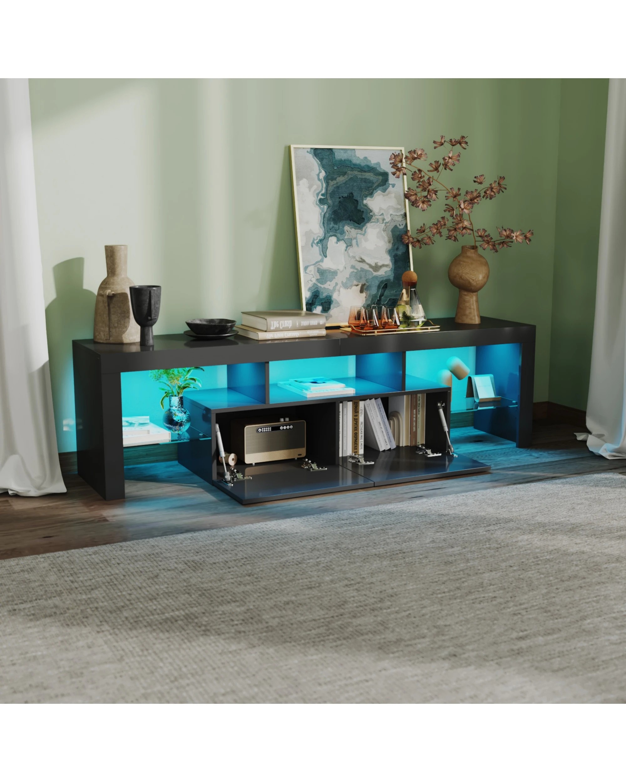 3 Advwin Tv Cabinet 160cm Rgb Led Entertainment Unit Stand Uv Gloss Modern Media Console Black, 3 of 8