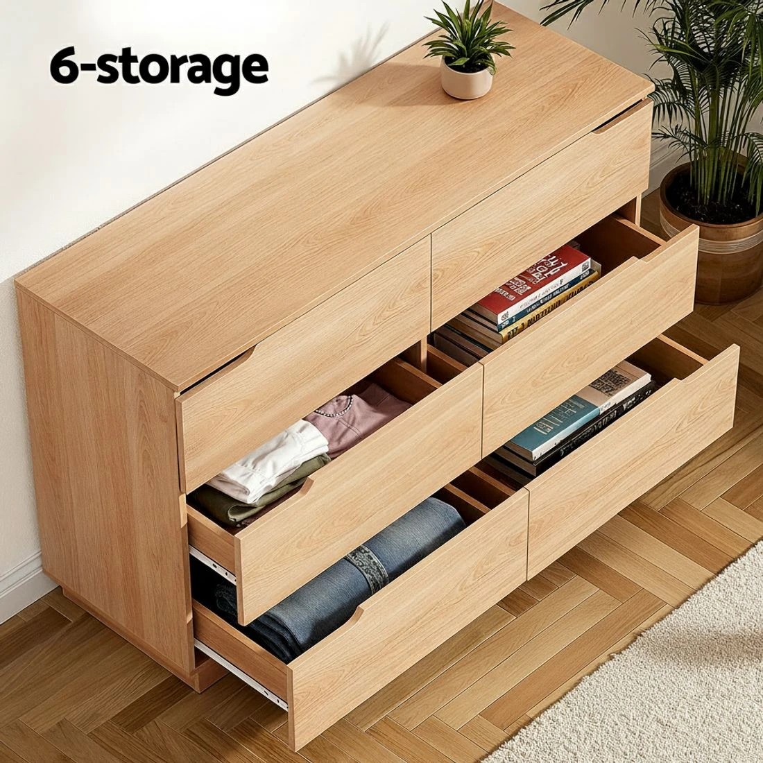 4 Artiss 6 Chest of Drawers Dresser Table Pine - Natural, 4 of 8