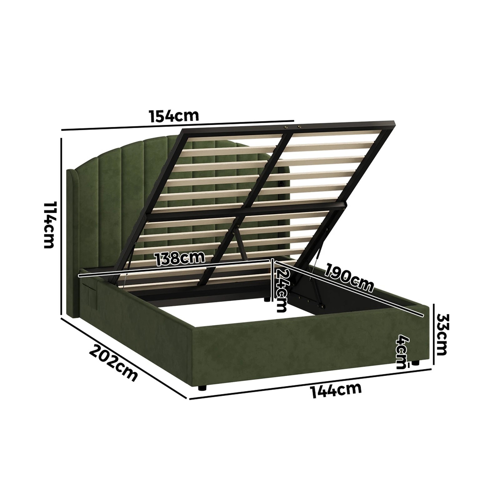 2 Oikiture Bed Frame Double Size With Gas Lift Storage USB Charging Velvet - Green, 2 of 9