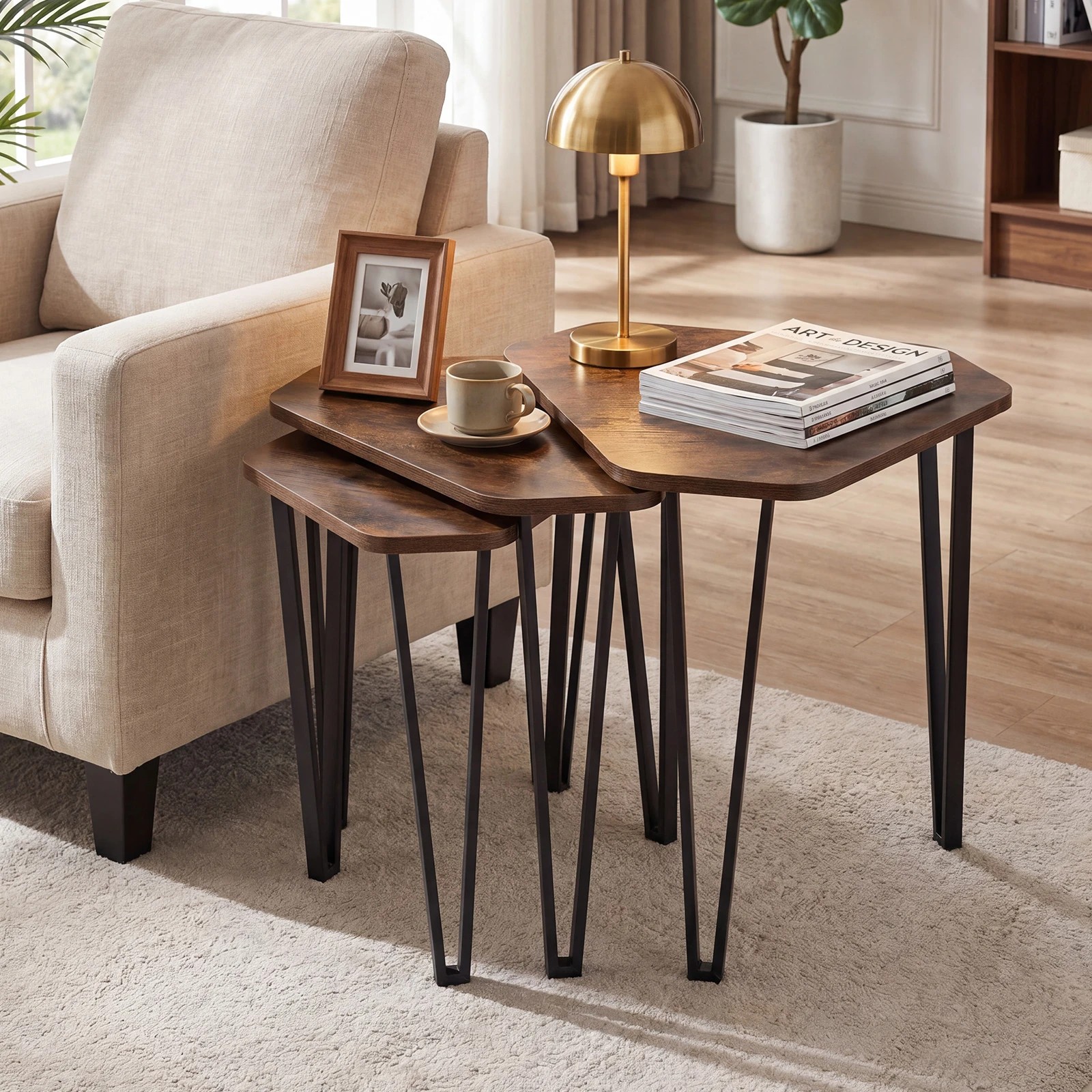 3 Costway Industrial Nesting Coffee Table Set of 3 Stacking Sofa Side Table Set, 3 of 6