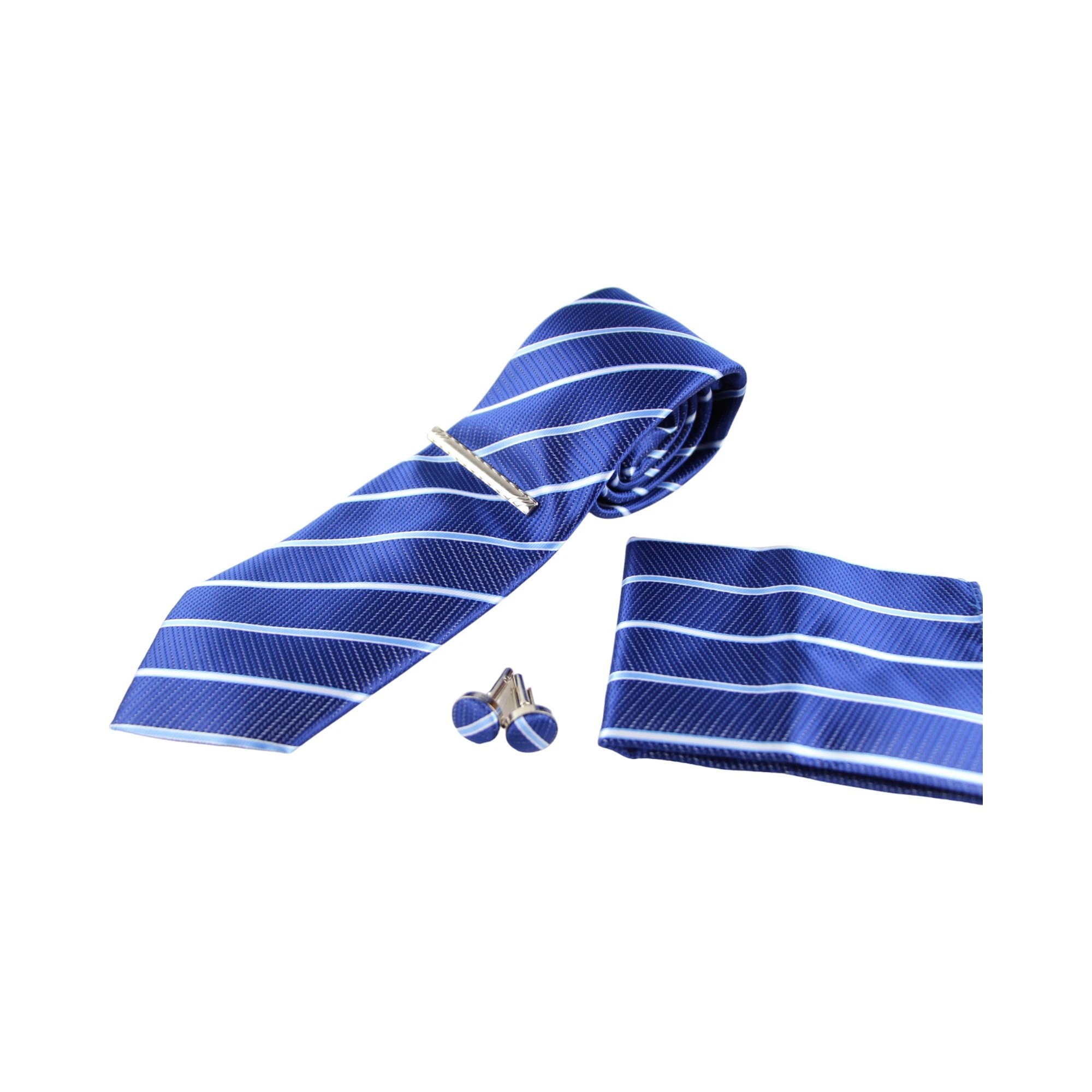 4 Zasel Mens Dark Blue & White Striped Matching Neck Tie, Pocket Square, Cuff Links And Tie Clip Set - Multi - Multi, 4 of 4
