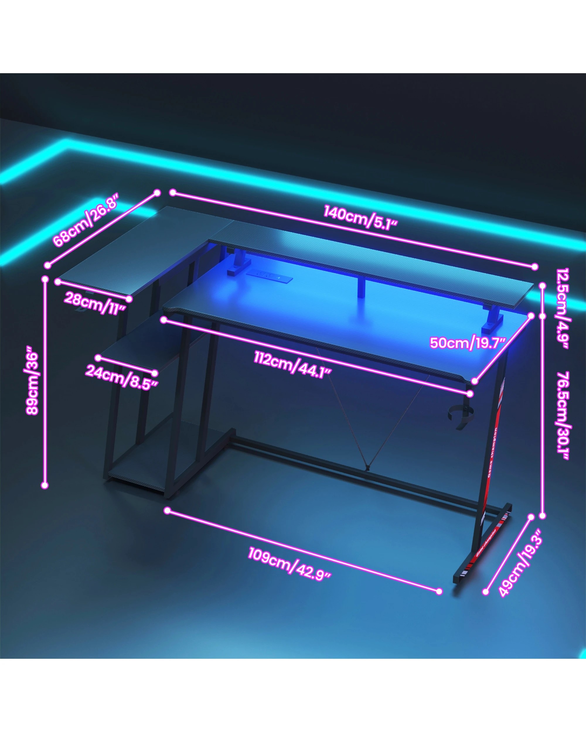 3 Advwin 140cm L Shaped Gaming Desk with LED Lights & Power Outlets Reversible Storage Shelf - Black, 3 of 9