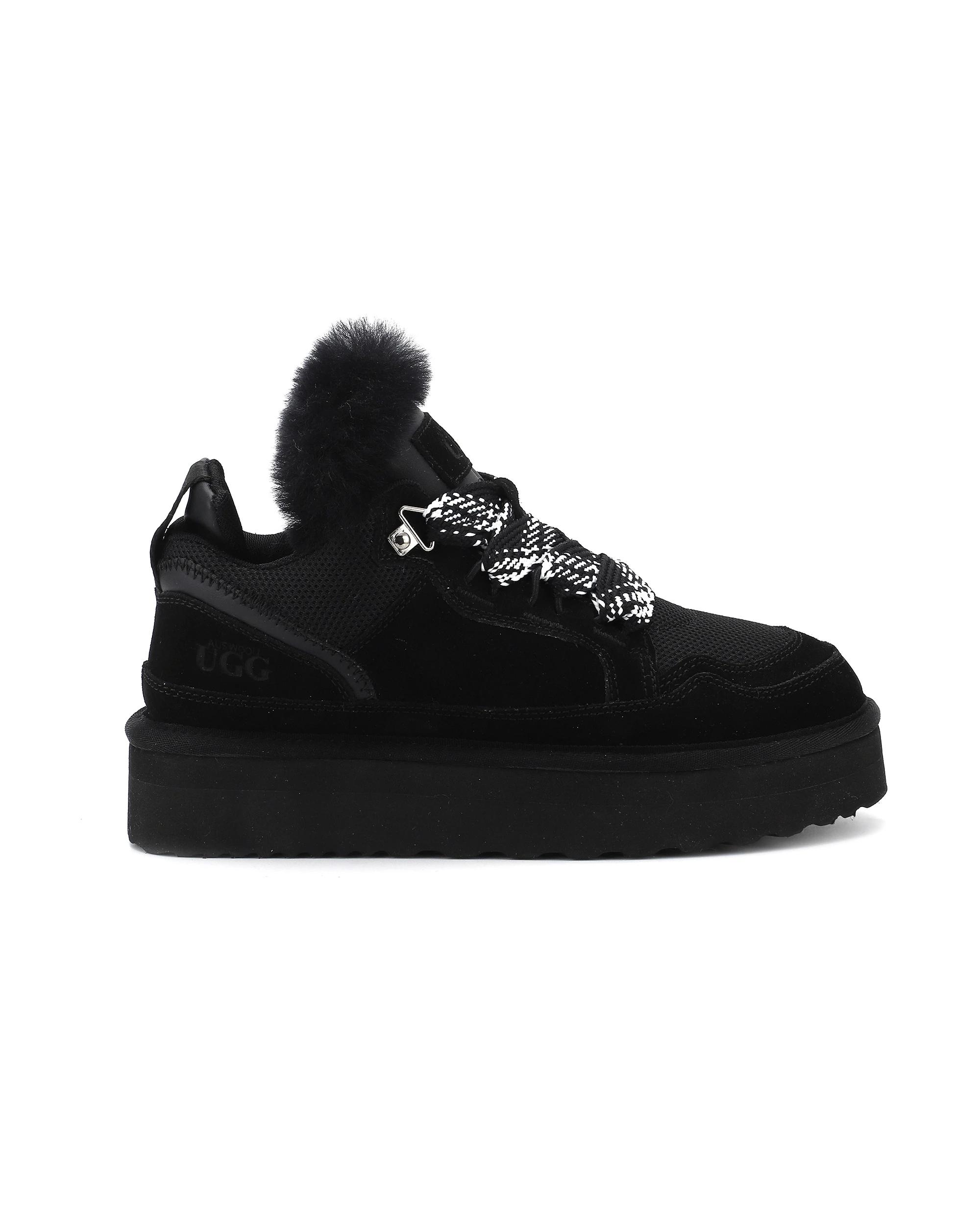 6 AUS WOOLI Urban Chic Sheepskin Wool Lace-Up UGG Sneakers BLACK, 6 of 6