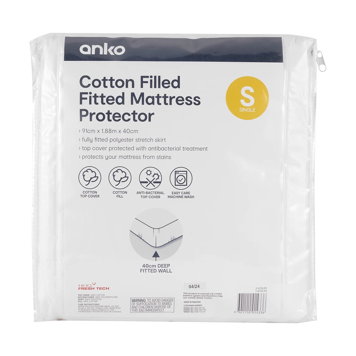 1 Cotton Filled Fitted Mattress Protector - Single Bed, White, 1 of 4