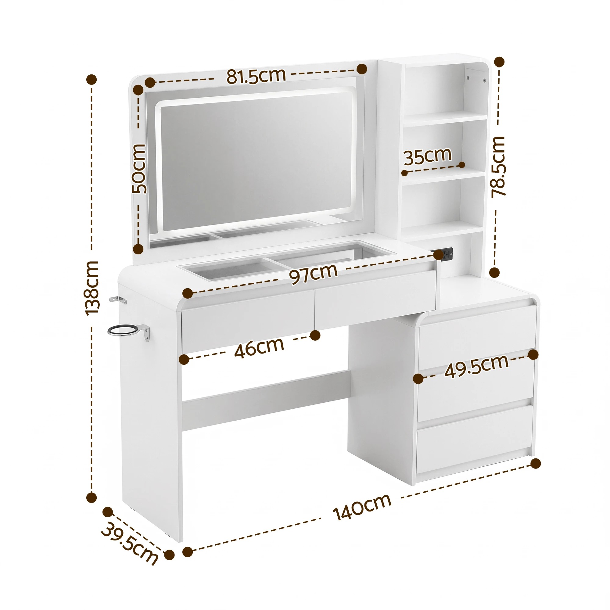 3 Artiss Dressing Table Makeup Vanity Desk LED Mirror Drawers Charging Station Curved Edge- White, 3 of 10