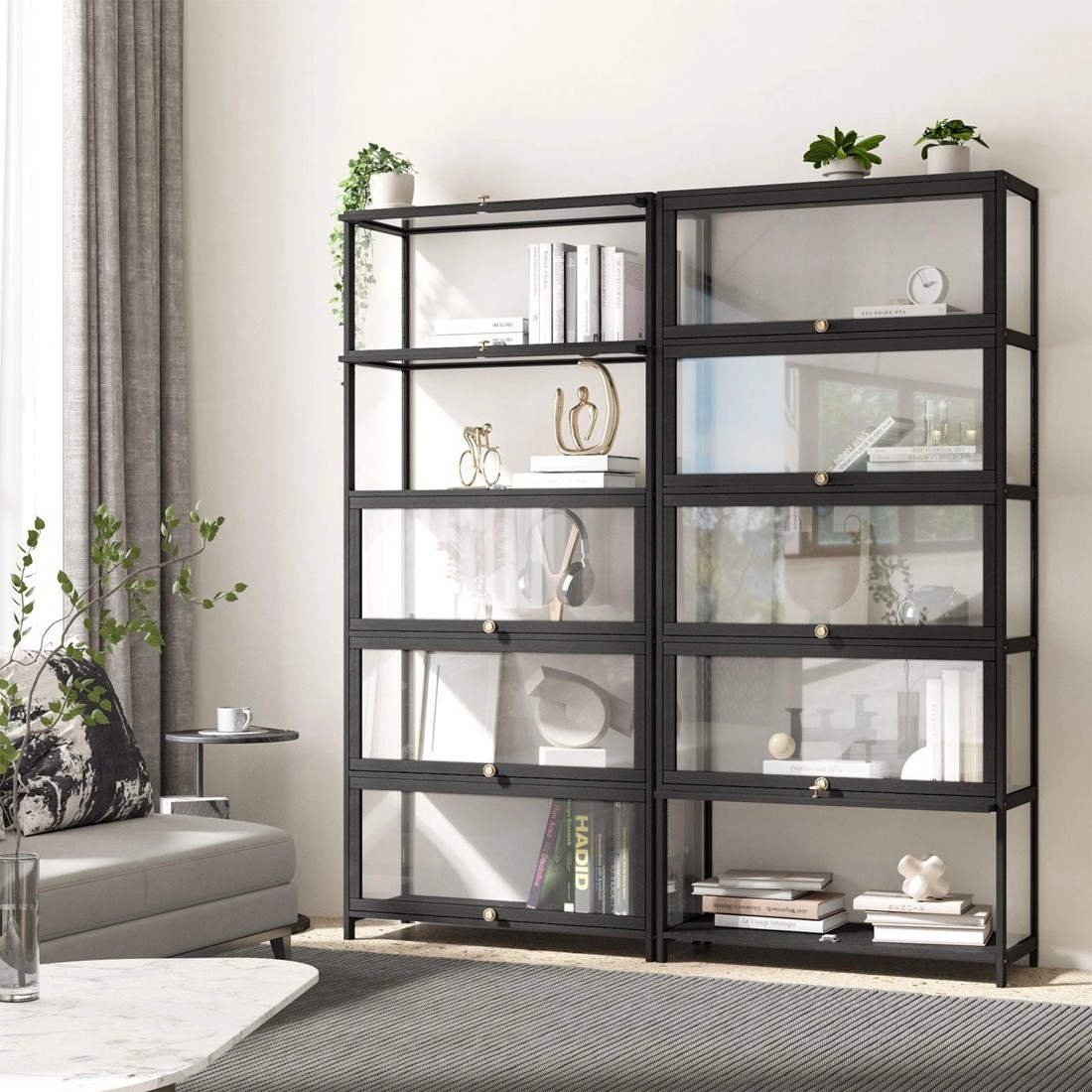 3 Oikiture Display Cabinet Storage 5-tier Shelves Clear Bookcase Stand Rack
 - Black, 3 of 9