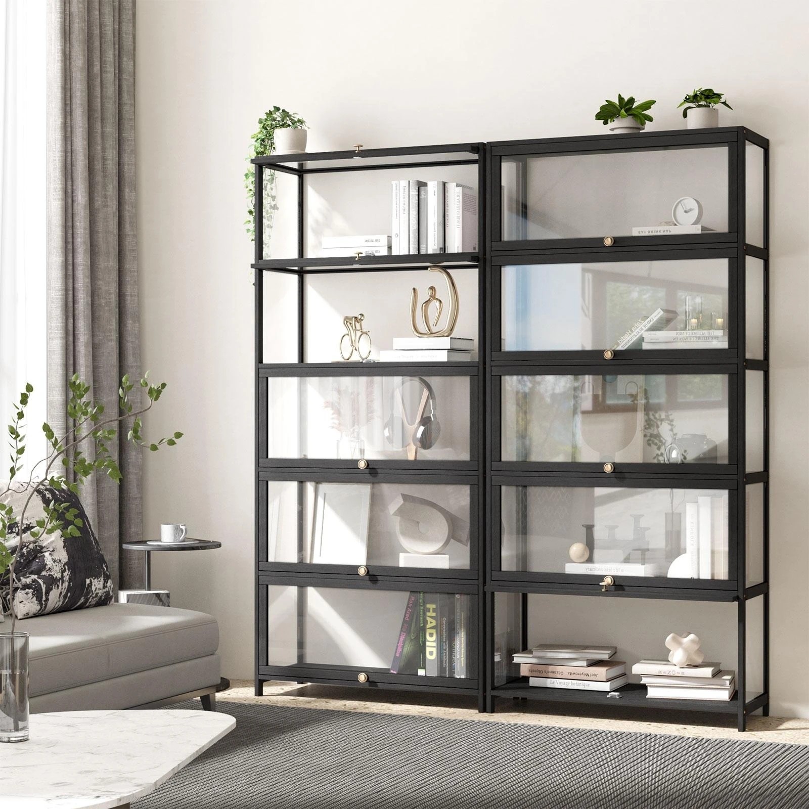 3 Oikiture Display Cabinet Storage 5-tier Shelves Clear Bookcase Stand Rack
 - Black, 3 of 9