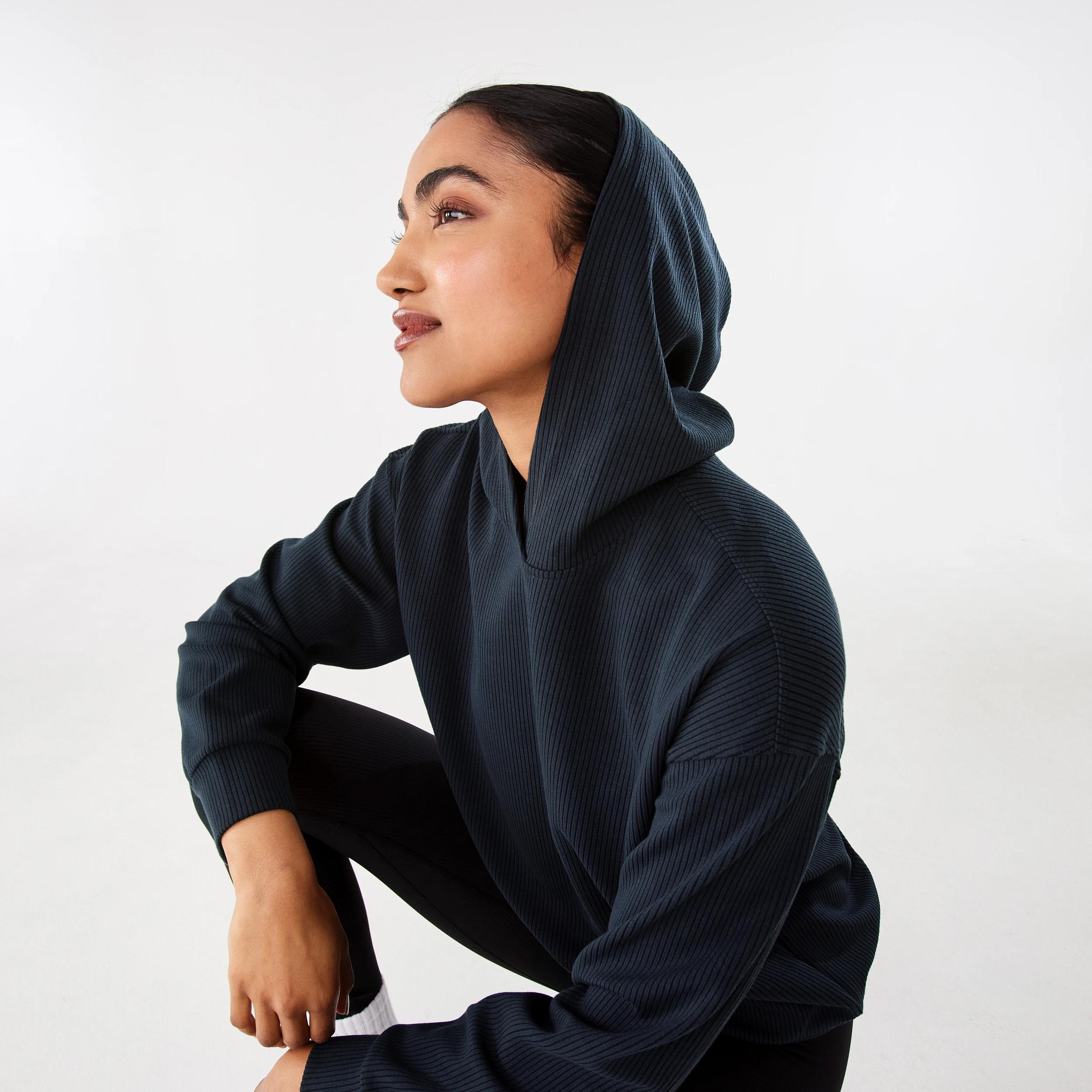 7 Active Womens Ribbed Scuba Hoodie WASHED BLACK, 7 of 10