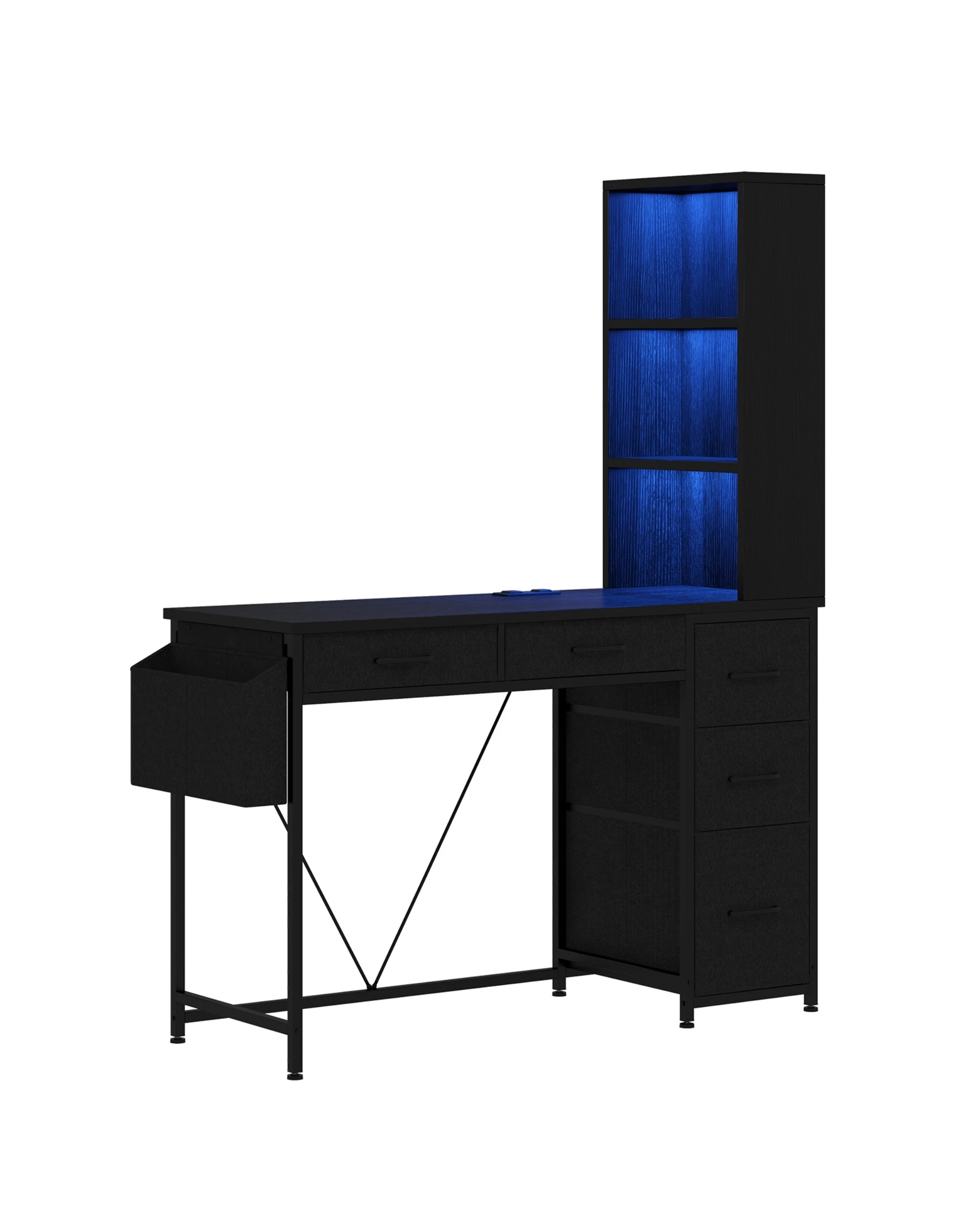 1 Ufurniture LED Gaming Desk with Bookshelf, 4 Drawers & File Cabinet, Reversible Corner Computer Desk for Study - Black, 1 of 9