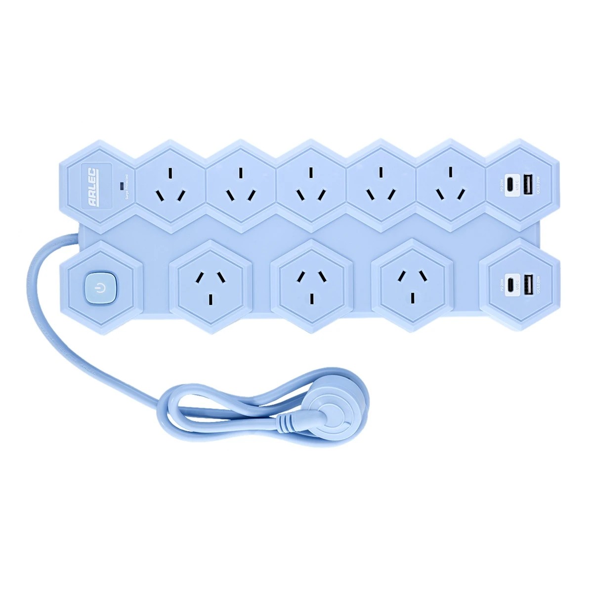 2 Arlec 8 Outlet Hexagon Wide Spaced Outlets & USB A & C Ports Powerboard - Blue, 2 of 7