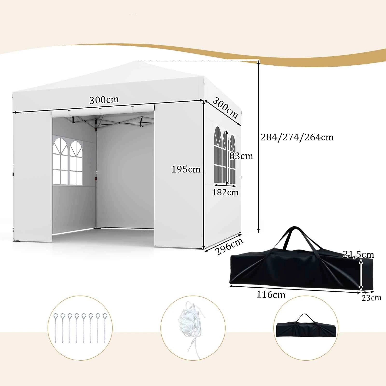 2 Costway 3x3M Pop Up Canopy Tent 4Sidewall Waterproof Shelter Adjustable Commercial Gazebo - White, 2 of 3