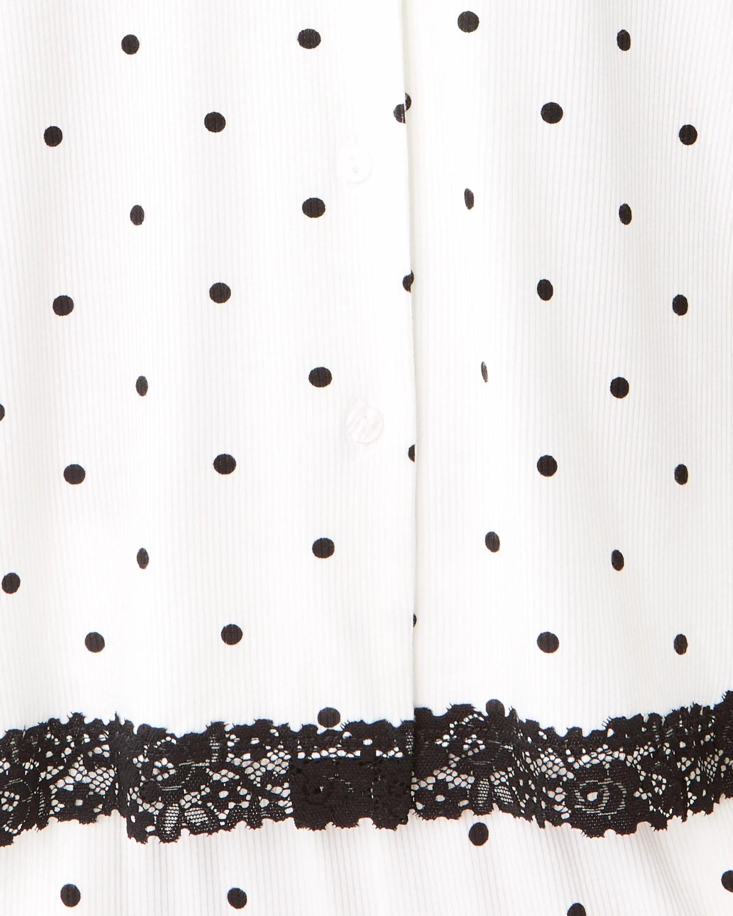 6 Viscose Rib Lace Trim Button Through Top Dots White, 6 of 9