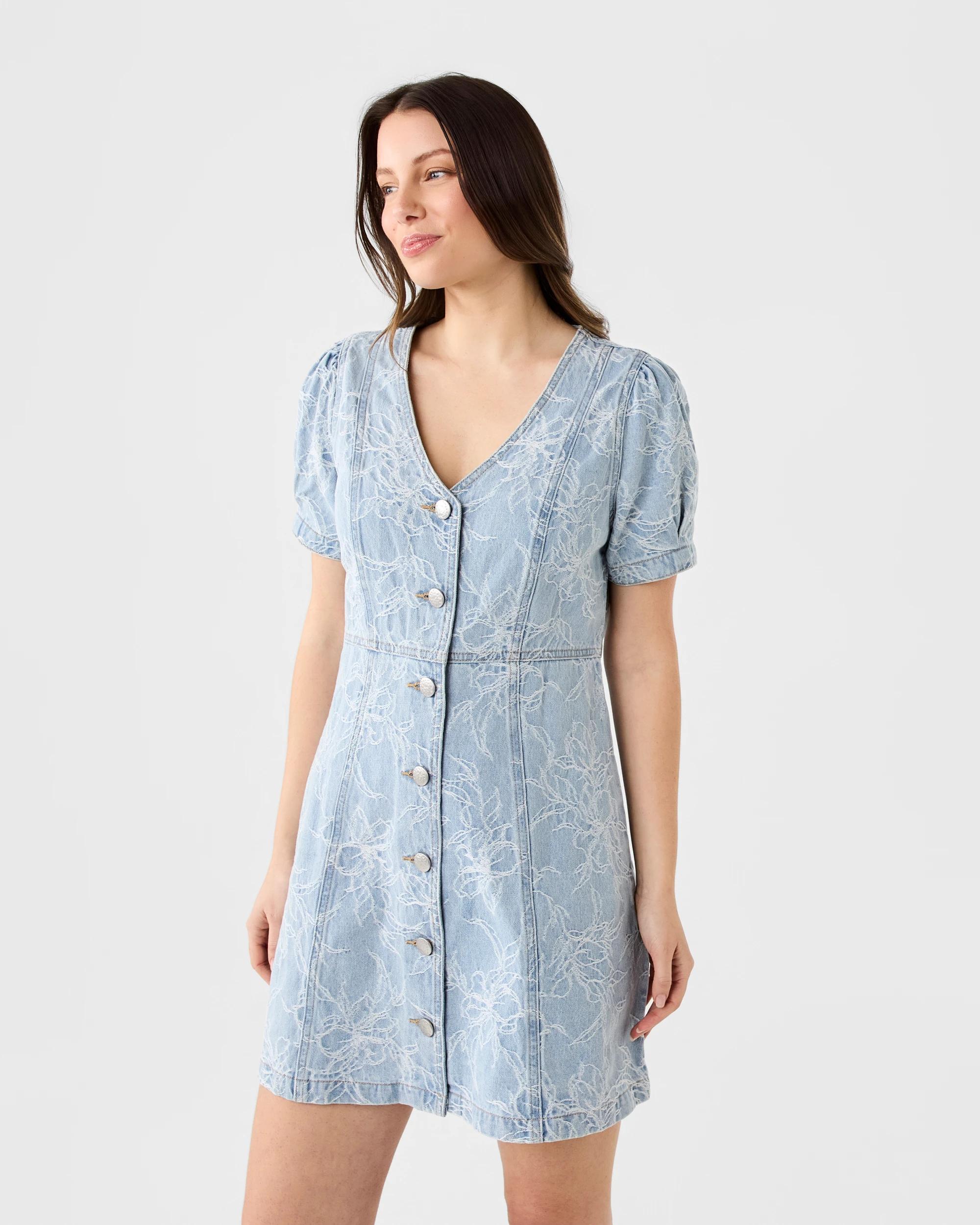 2 Short Sleeve Jacquard Denim Mini Dress Flrl Denim, 2 of 7