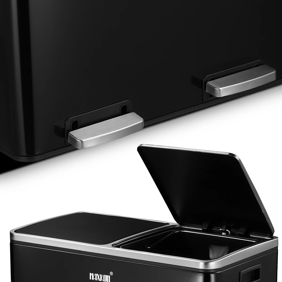 3 Maxkon 60L Pedal Recycling Bin Dustbin Kitchen Rubbish Bins Waste Garbage Trash Can with Dual Compartments Black, 3 of 7