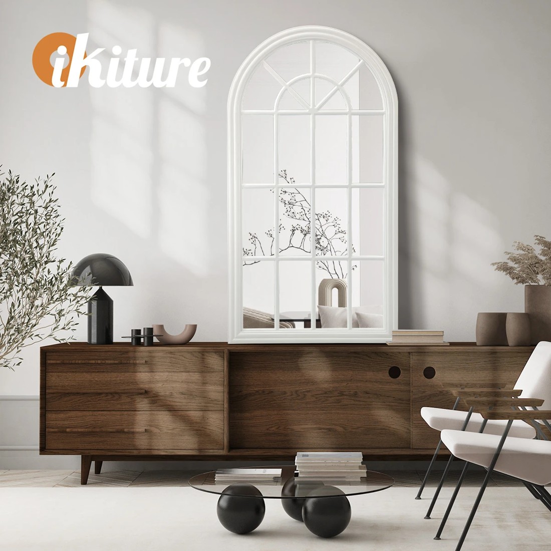 5 Oikiture Wooden Window Mirror Arched Wall Mirrors Decor 130x70cm
 - White, 5 of 9