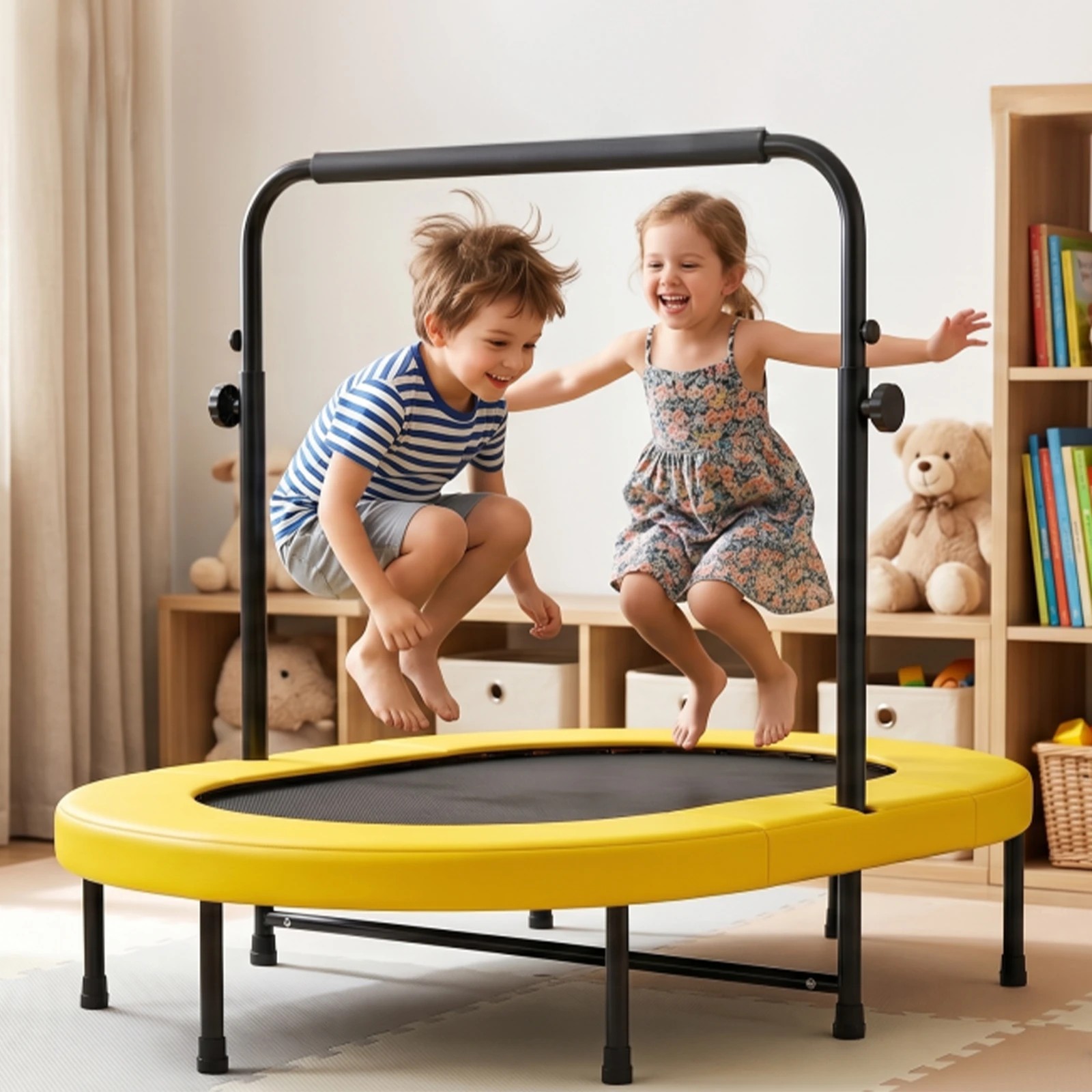 3 Advwin 2-Person Mini Trampoline for Adults Kids 55" Fitness Rebounder with 5-Level Adjustable Handle, Max Load 150kg, 3 of 8