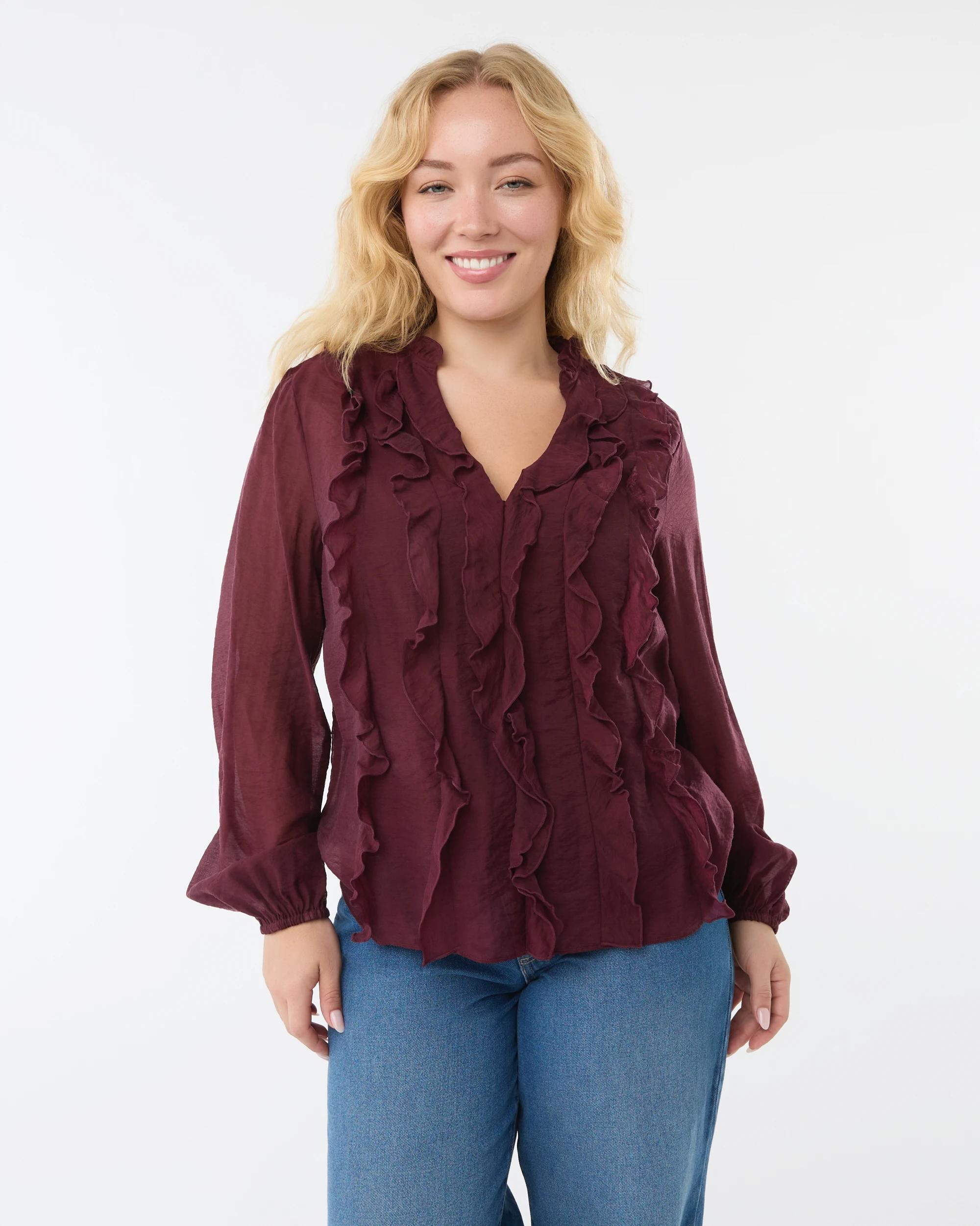 1 Long Sleeve Ruffle Blouse Red Royale, 1 of 7
