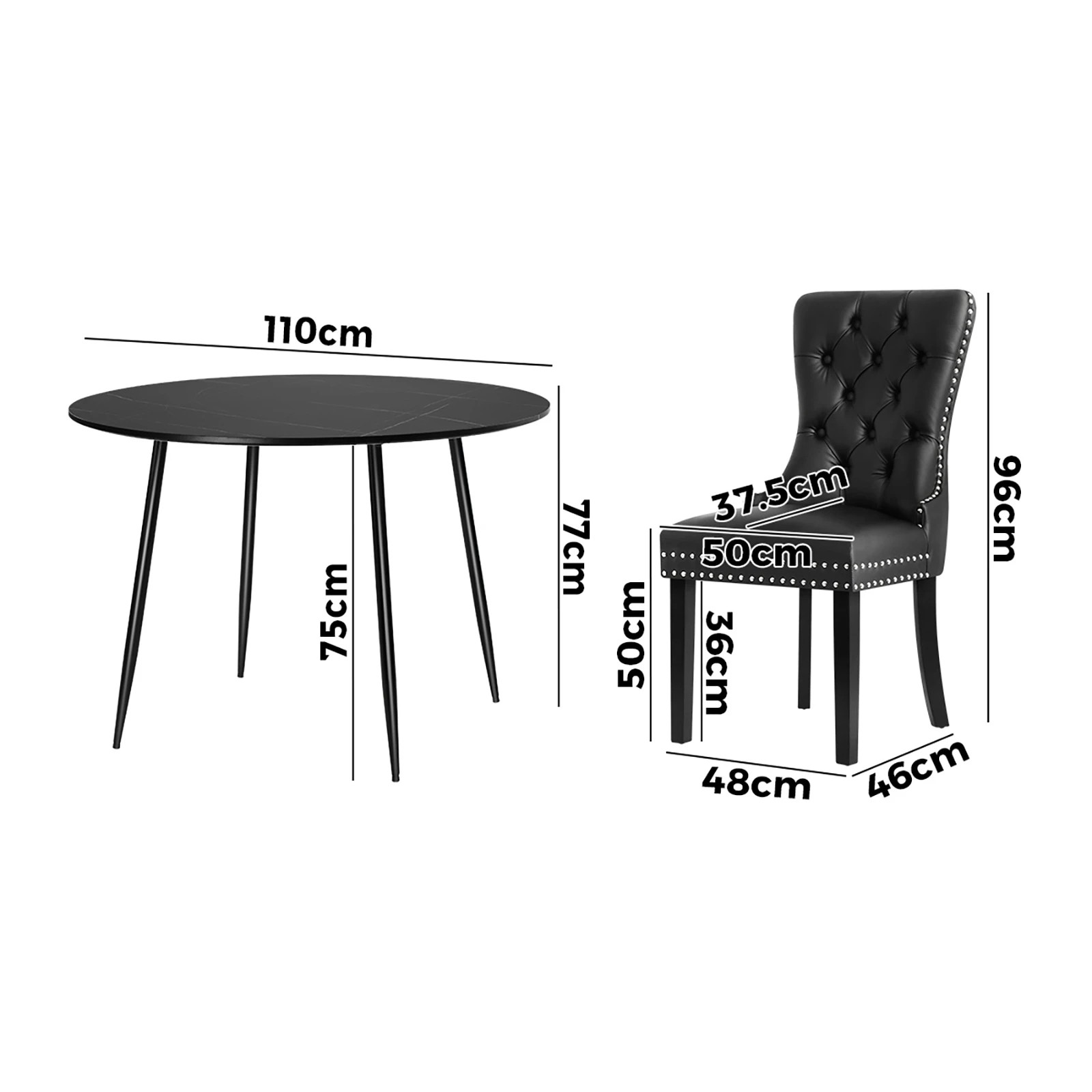 9 Oikiture 110cm Round Dining Table With 4pcs Dining Chairs Pu Leather
 - Black, 9 of 10