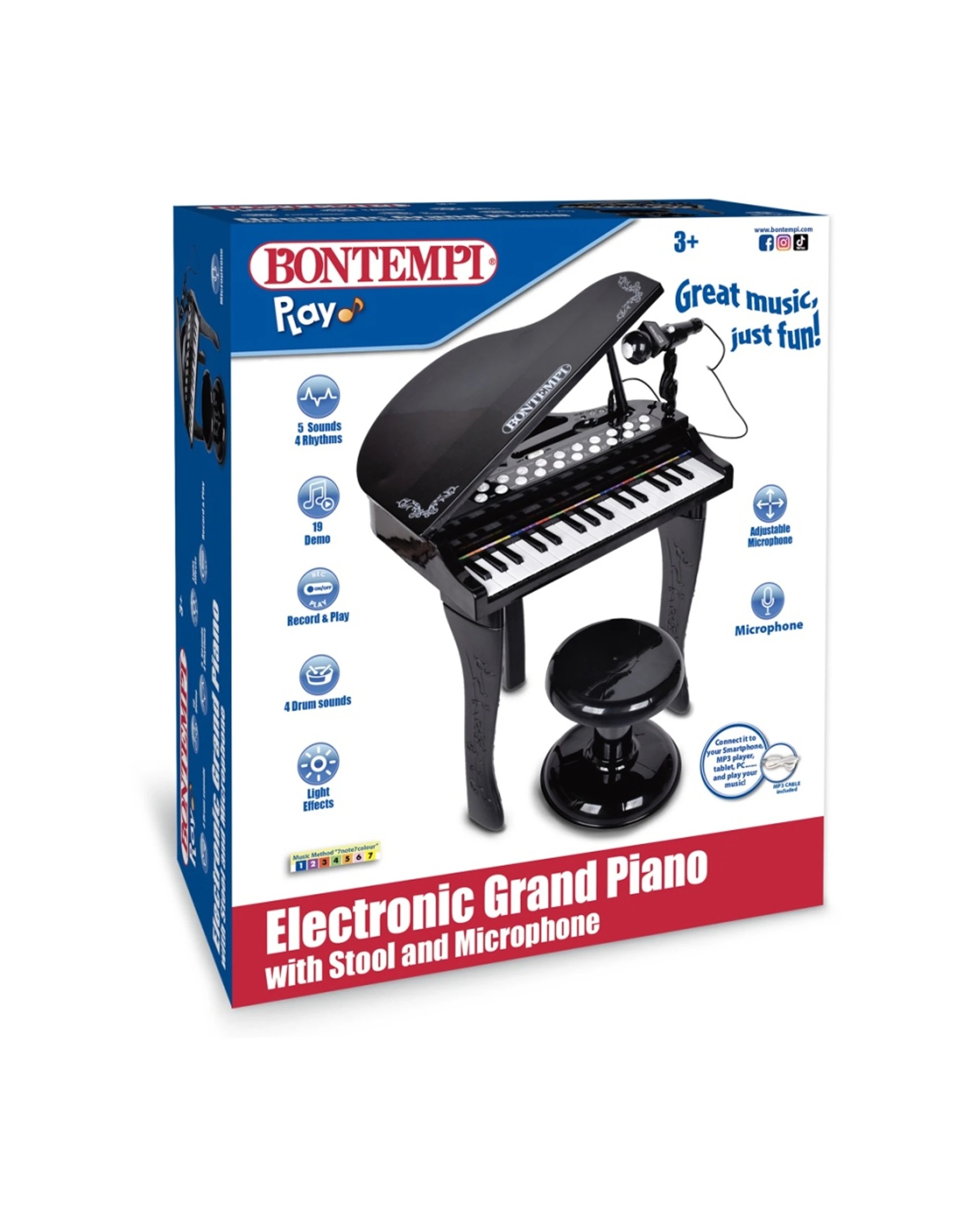3 Bontempi Electronic Grand Piano 32-Key With Microphone Stool Light Effects - Black, 3 of 4