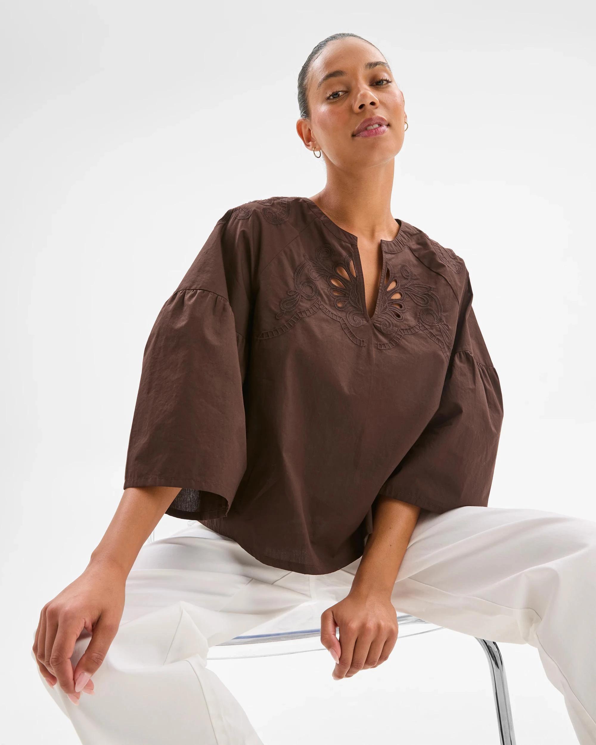 6 Target Australian Cotton 3/4 Sleeve Embroidered Cut-Out Blouse BRUNETTE, 6 of 6