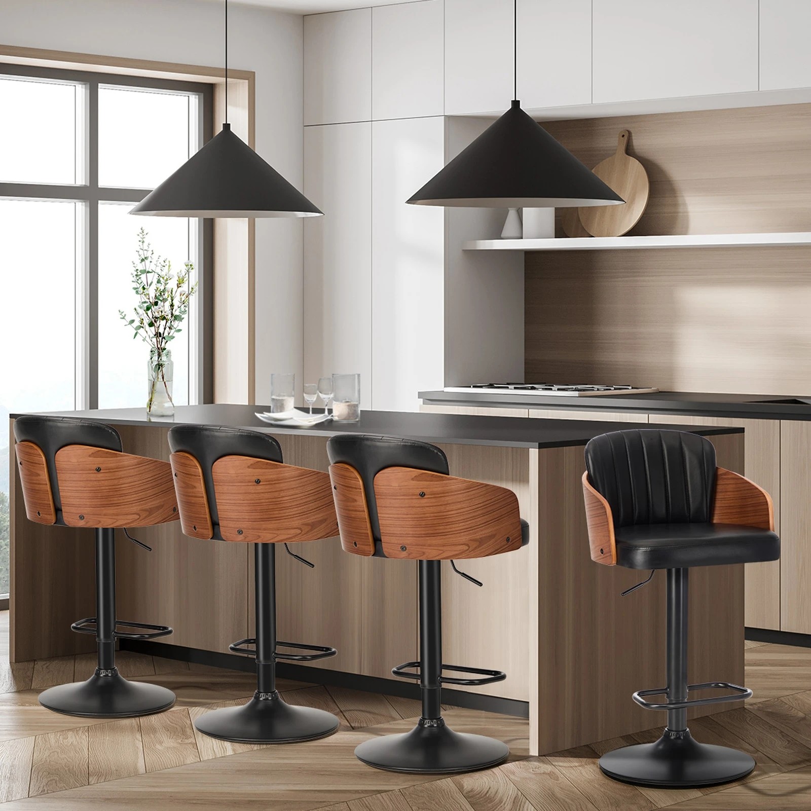 3 Oikiture 4x Bar Stools Adjustable Counter Height Stool Swivel Leather - Black, 3 of 9