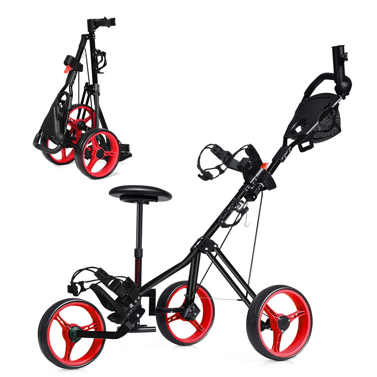 1 Costway 3 Wheel Folding Golf Push Cart Push Golf Trolley w/4-Position Adjustable Handle - Red, 1 of 1