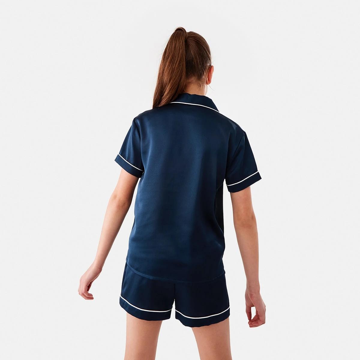 2 Short Sleeve Top and Shorts Satin Pyjama Set Dress Navy, 2 of 10