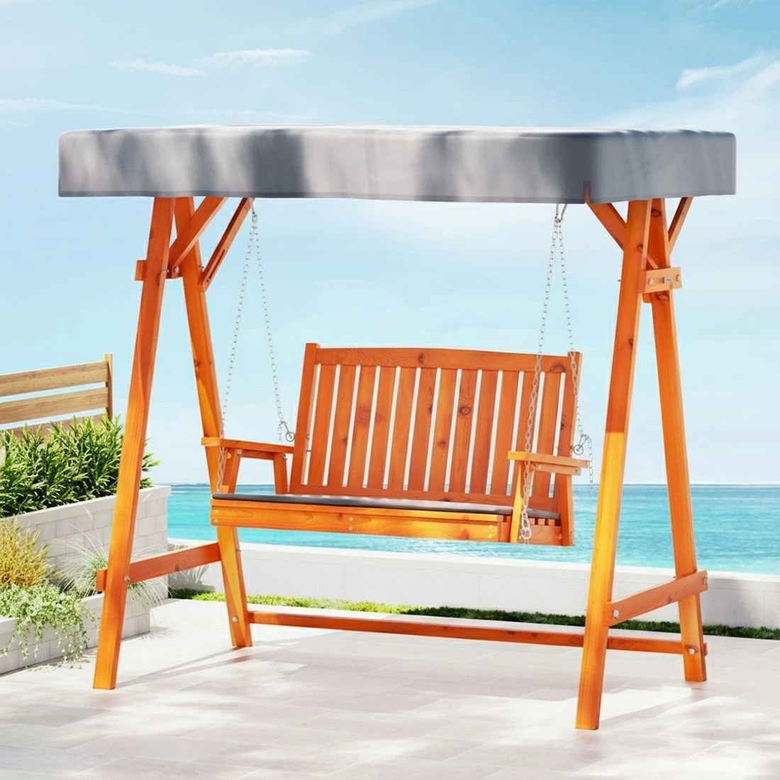 6 Gardeon Outdoor Wooden Swing Chair Garden Bench Canopy Cushion 2 Seater Teak - Multi, 6 of 8